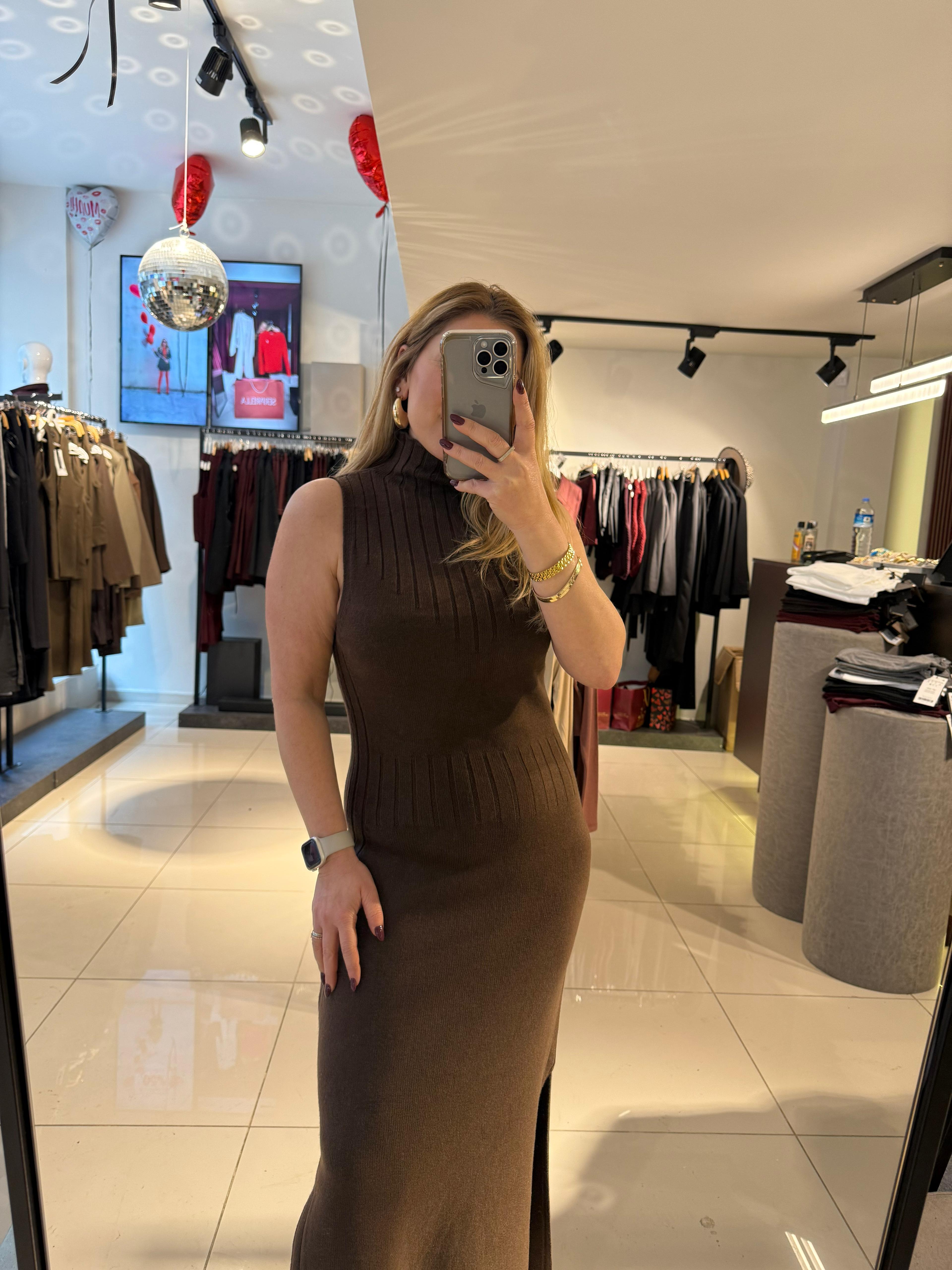 Midi Elbiseler90243 Dik Yaka Yırtmaçlı Triko Elbise Kahve Melanj