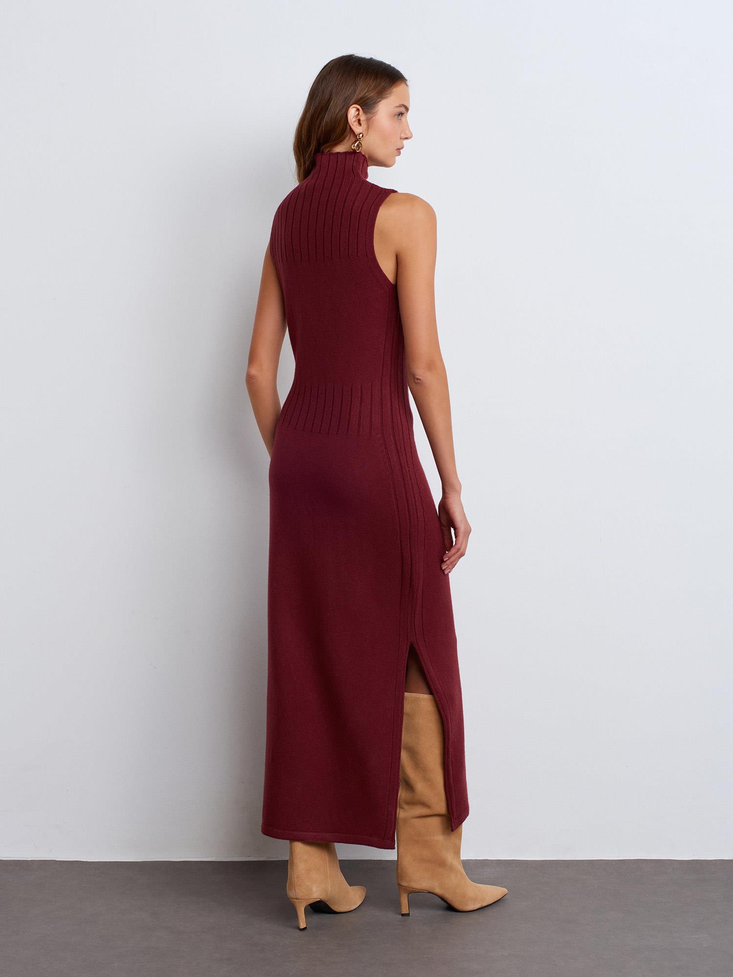 Midi Elbiseler90243 Dik Yaka Yırtmaçlı Triko Elbise Bordo Melanj