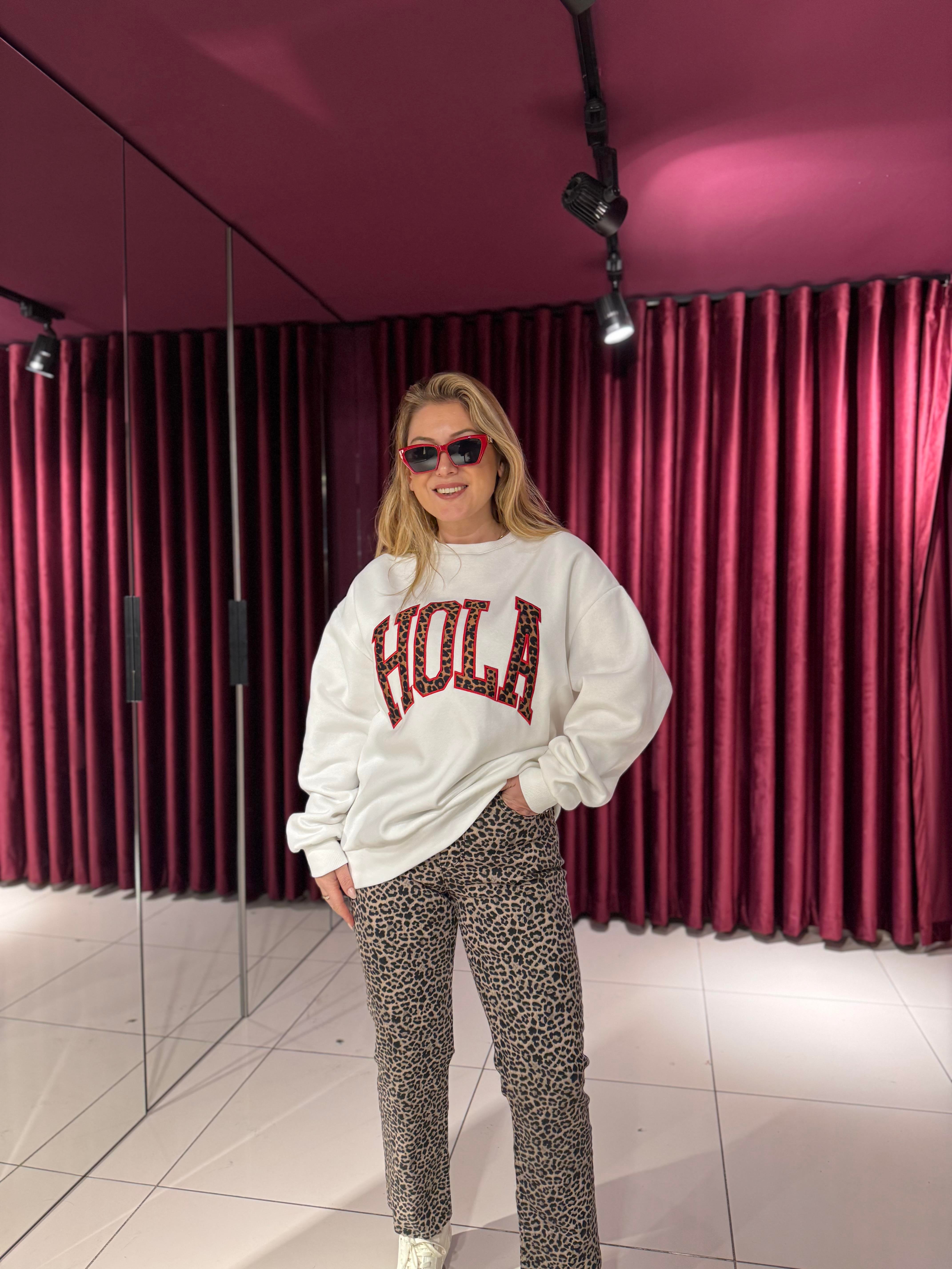Sweat-Shirt9025 Hola Leopar Detay Sweat Ekru