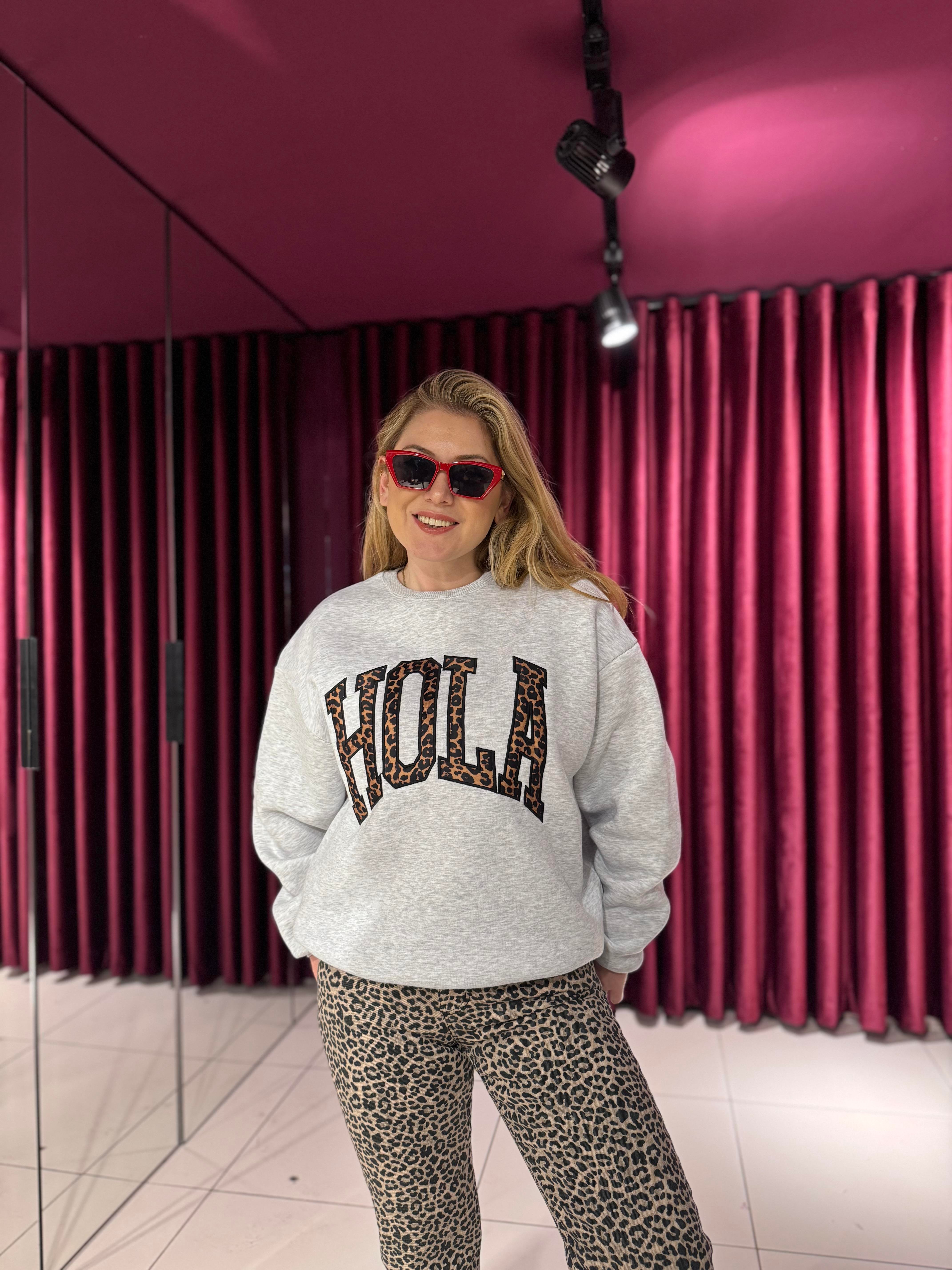 Sweat-Shirt9025 Hola Leopar Detay Sweat Gri