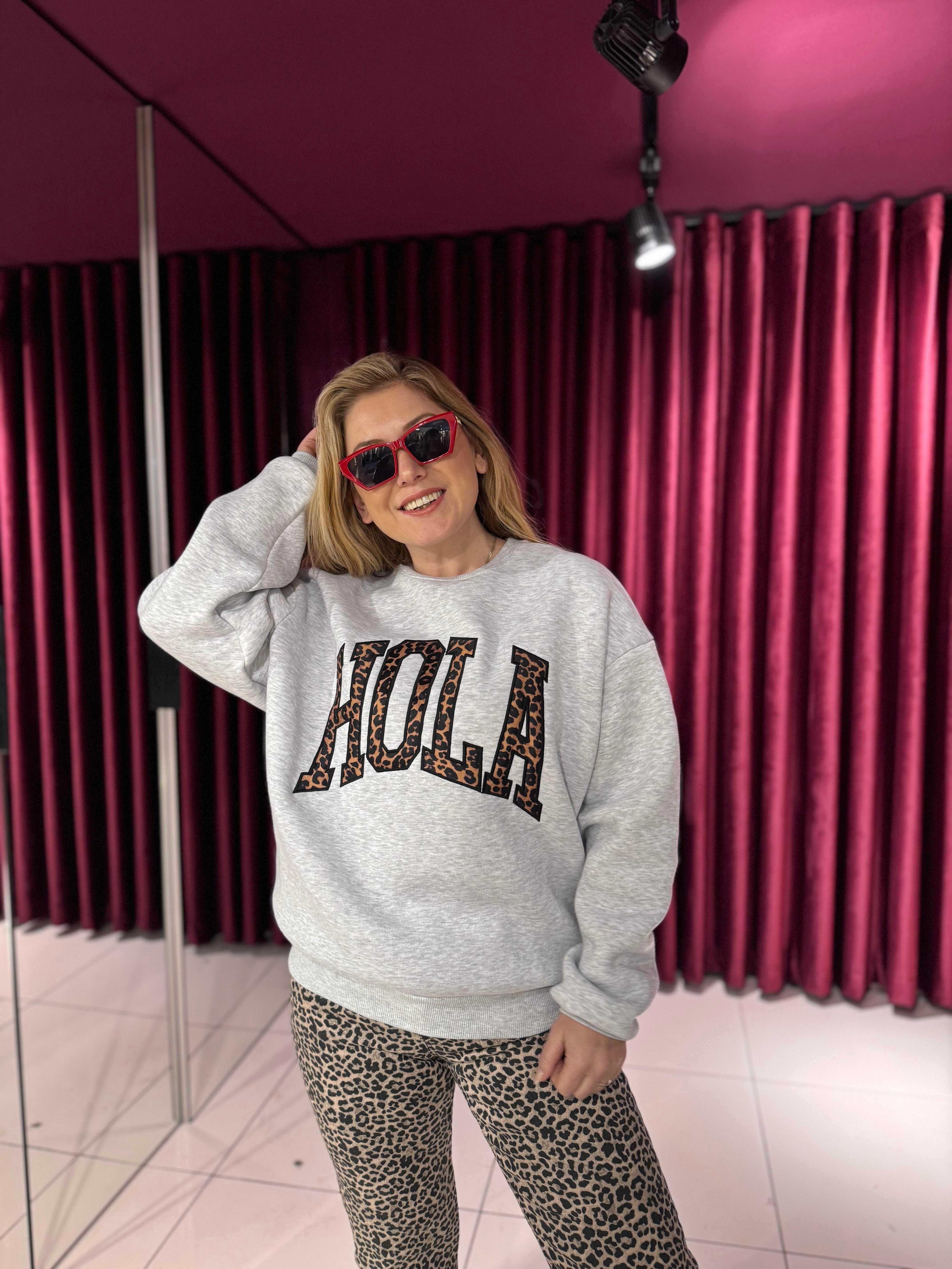 Sweat-Shirt9025 Hola Leopar Detay Sweat Gri