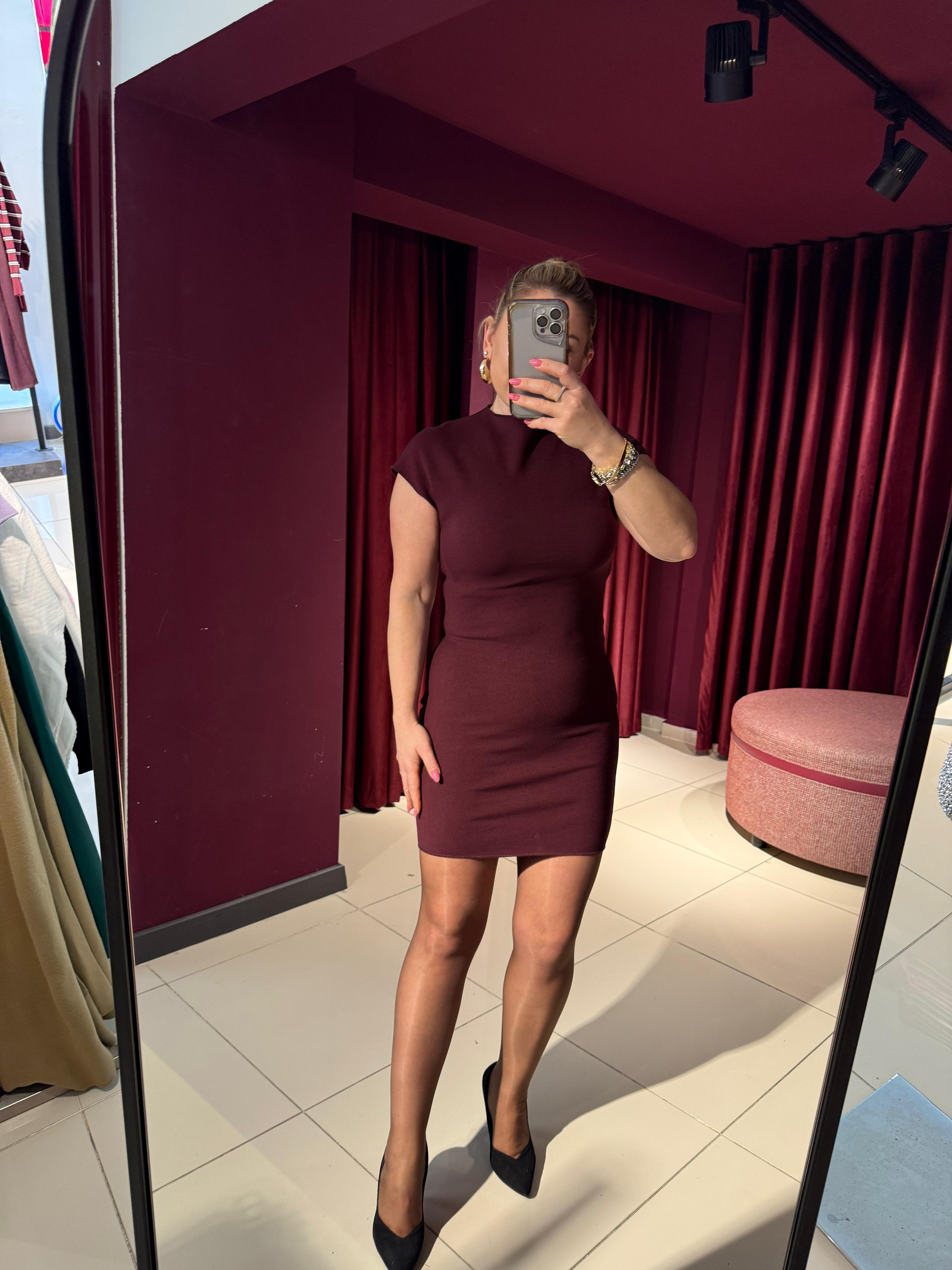 Kısa Elbiseler91305 Kısa Streç Örme Elbise Bordo