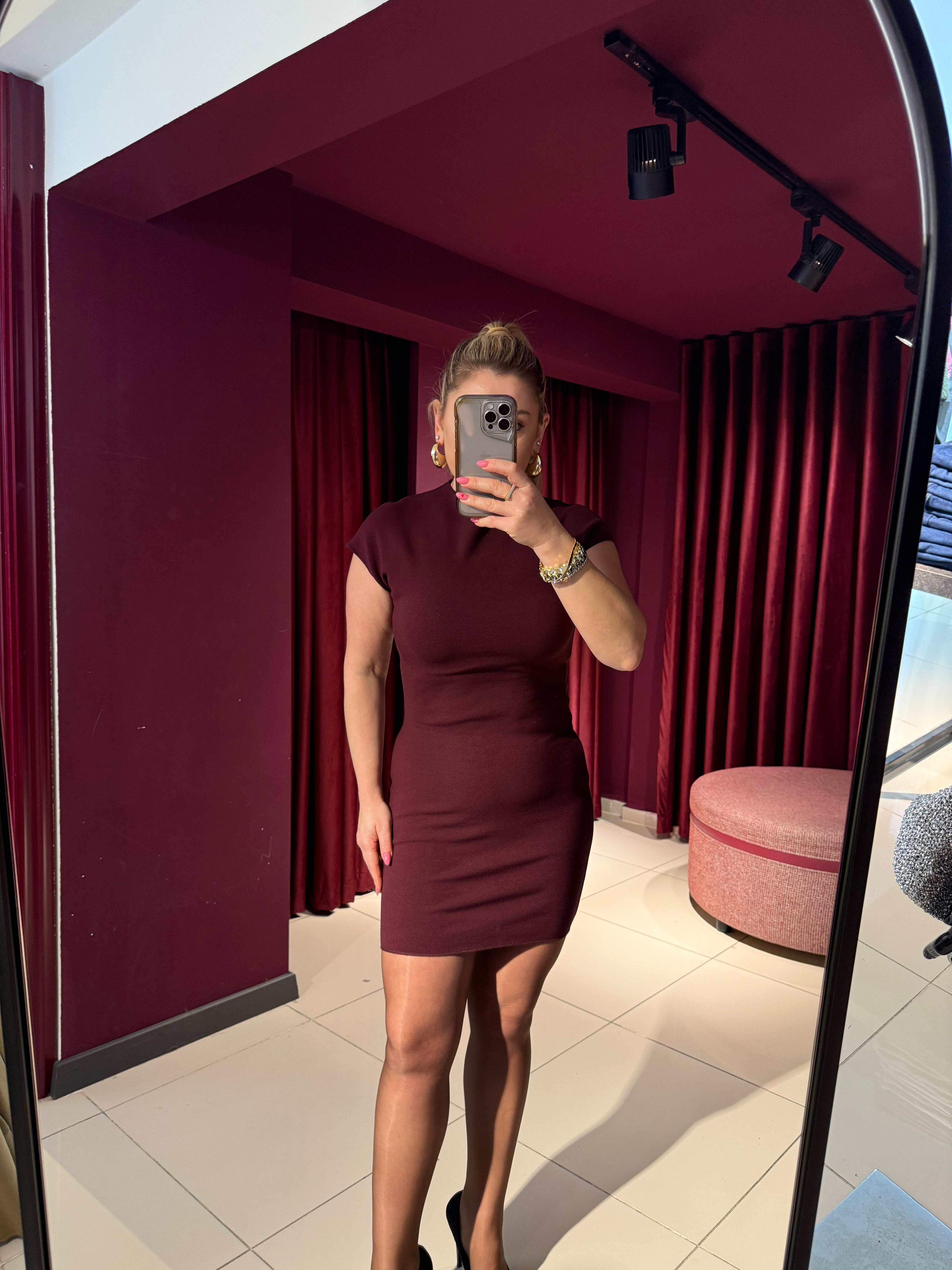 Kısa Elbiseler91305 Kısa Streç Örme Elbise Bordo