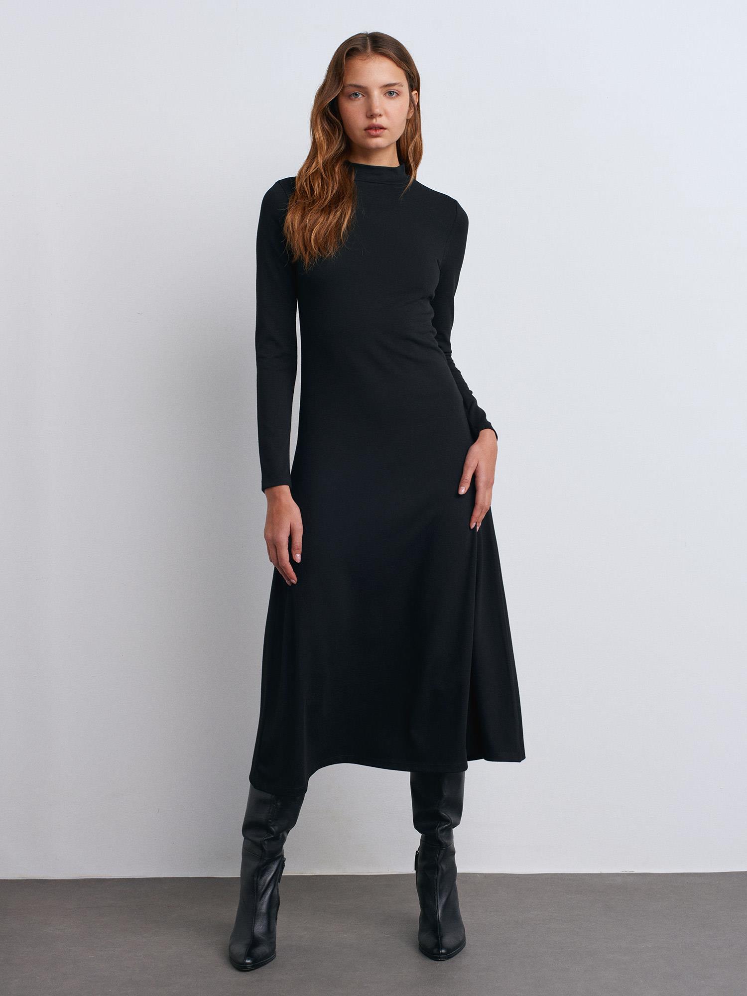Midi Elbiseler91339 Uzun Kollu Midi Elbise Siyah