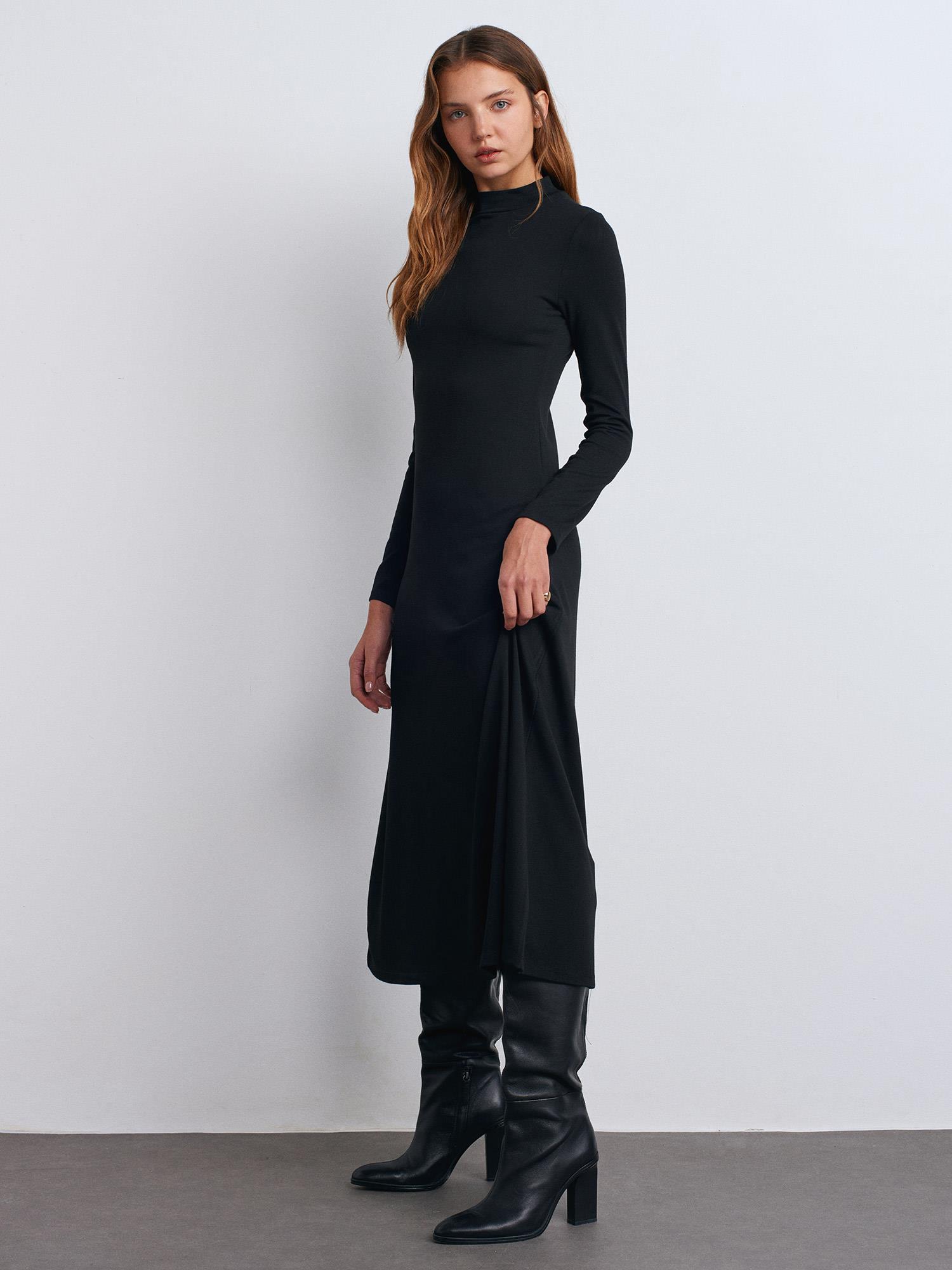 Midi Elbiseler91339 Uzun Kollu Midi Elbise Siyah