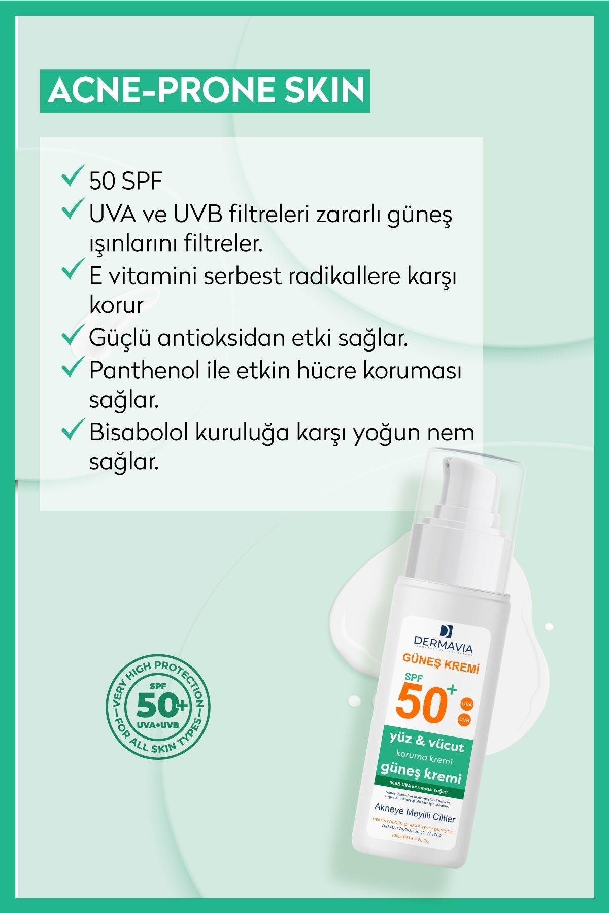 Dermavia SPF 50 Akneye Meyilli Ciltler İçin Yüz ve Vücut Güneş Kremi 100 ml – Cilt Koruma ve Nem Desteği