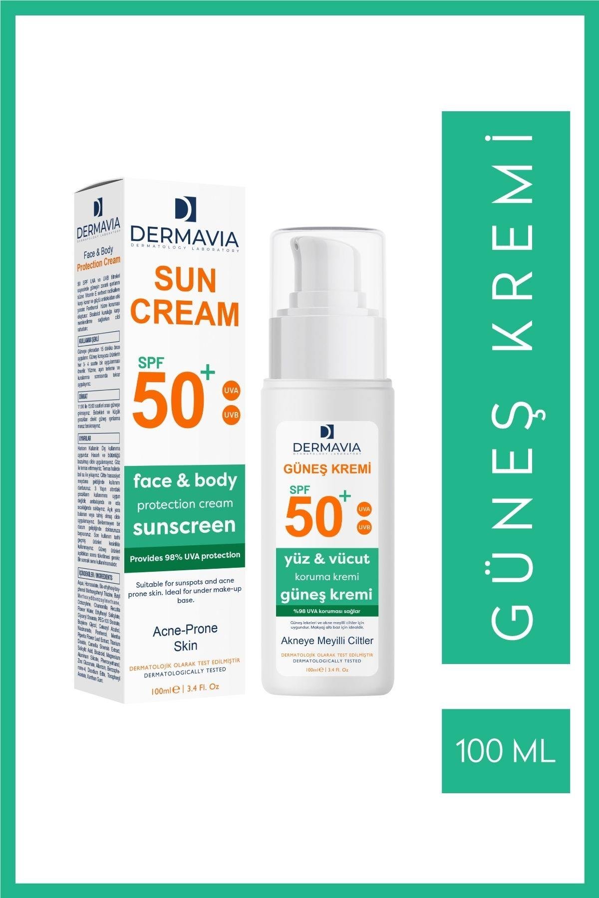 Dermavia SPF 50 Akneye Meyilli Ciltler İçin Yüz ve Vücut Güneş Kremi 100 ml – Cilt Koruma ve Nem Desteği