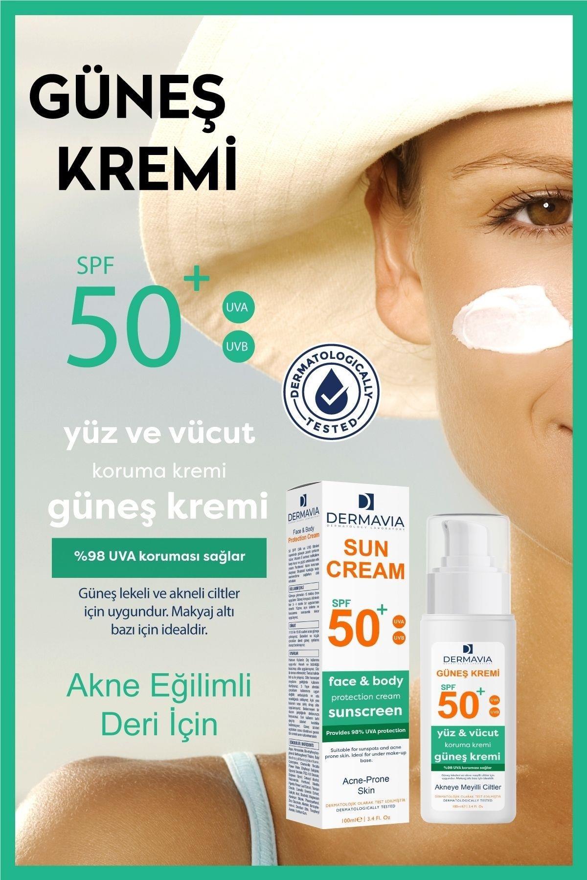Dermavia SPF 50 Akneye Meyilli Ciltler İçin Yüz ve Vücut Güneş Kremi 100 ml – Cilt Koruma ve Nem Desteği