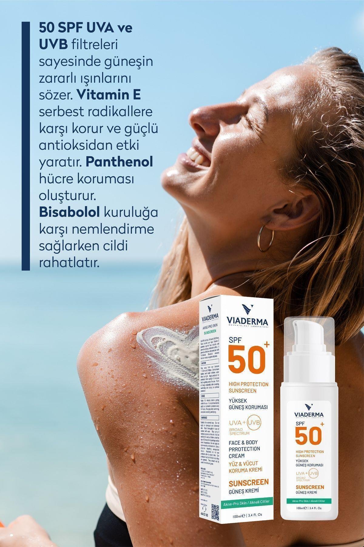 Viaderma Akne Karşıtı SPF 50 Yüz ve Vücut Güneş Kremi – Akneye Meyilli & Karma Ciltler İçin Bisabolol İçerikli Koruma
