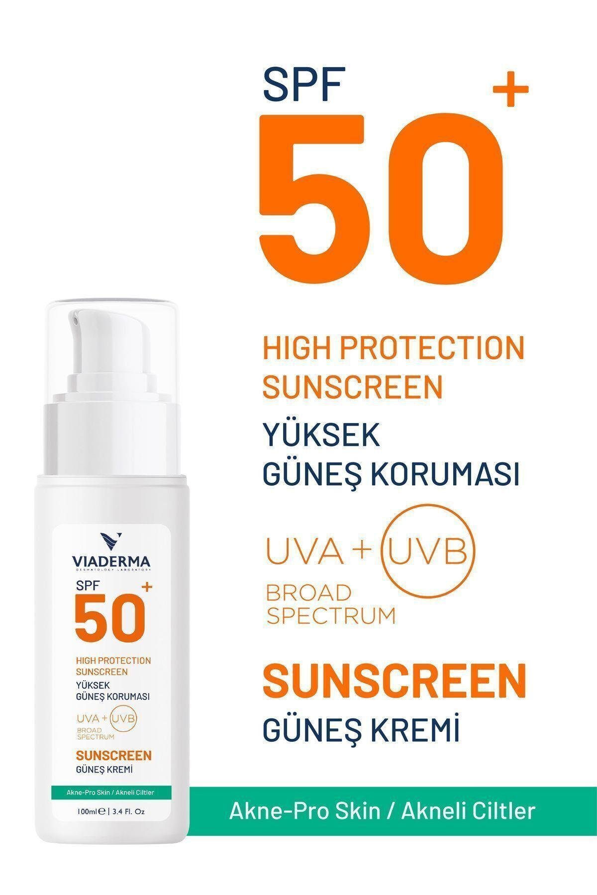 Viaderma Akne Karşıtı SPF 50 Yüz ve Vücut Güneş Kremi – Akneye Meyilli & Karma Ciltler İçin Bisabolol İçerikli Koruma