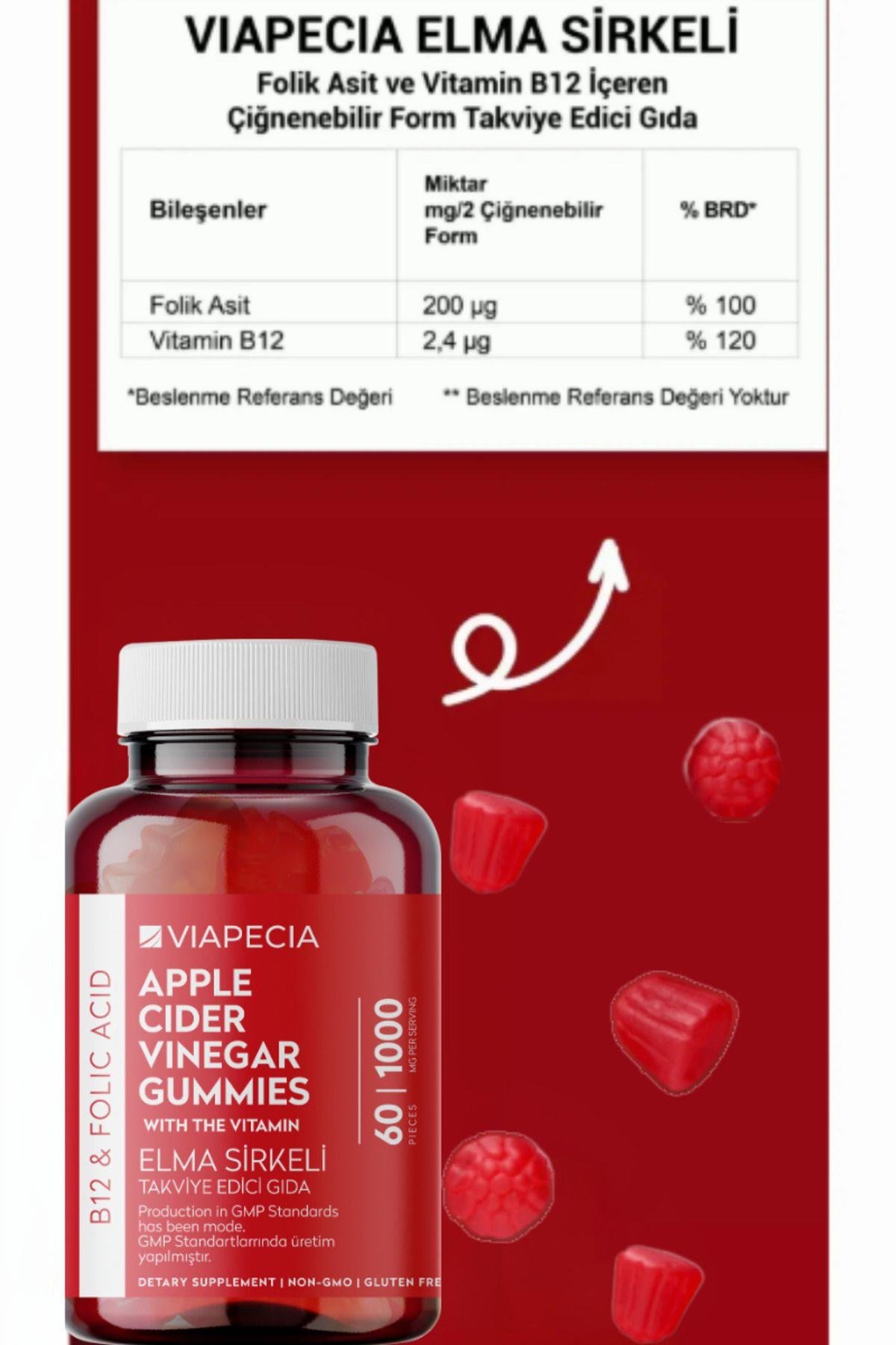 Viapecia Elma Sirkeli B12 & Folik Asit Gummy 60 Adet – Vegan, Jelatinsiz & Glütensiz Takviye