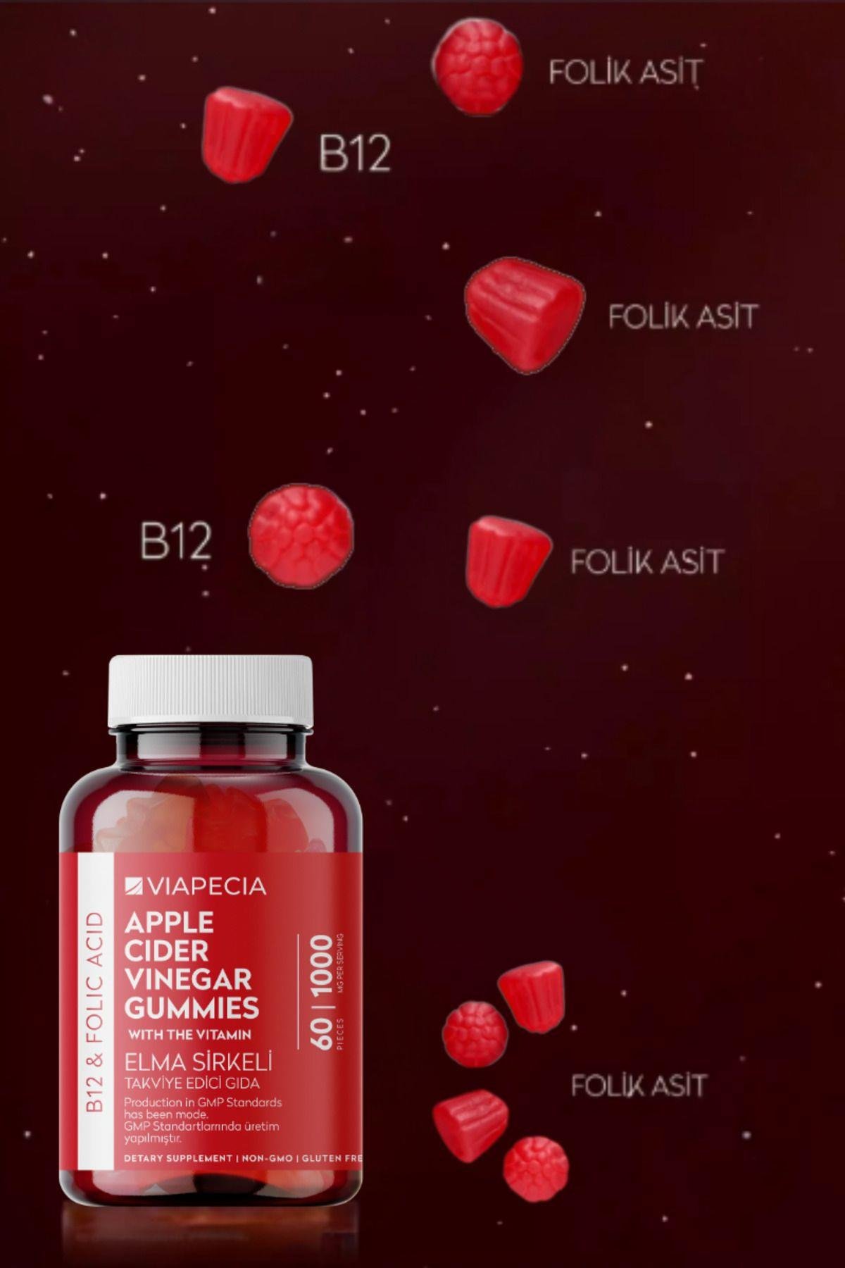 Viapecia Elma Sirkeli B12 & Folik Asit Gummy 60 Adet – Vegan, Jelatinsiz & Glütensiz Takviye