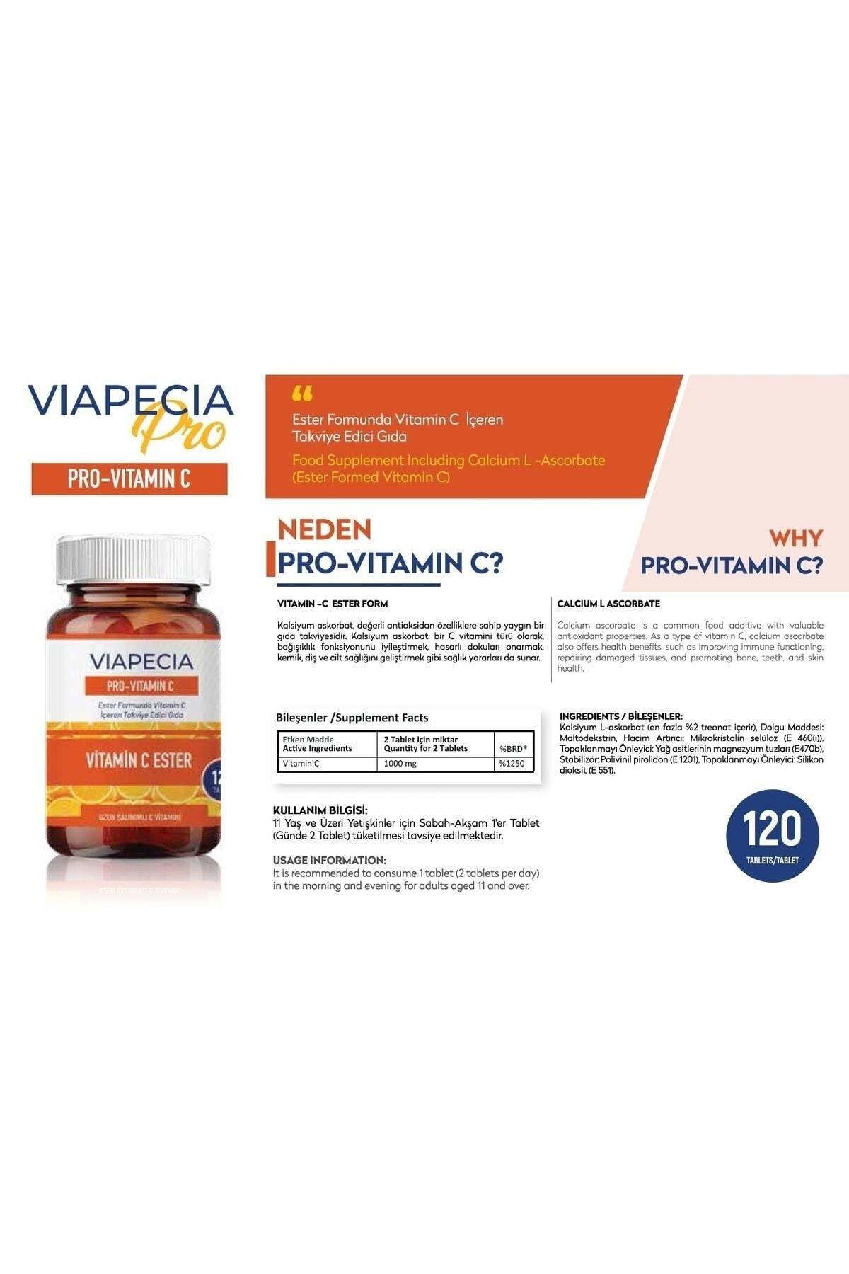 Viapecia Pro-Vitamin C 120 Tablet – Yüksek Emilim ve Uzun Süreli Etki Sağlayan C Vitamini Takviyesi