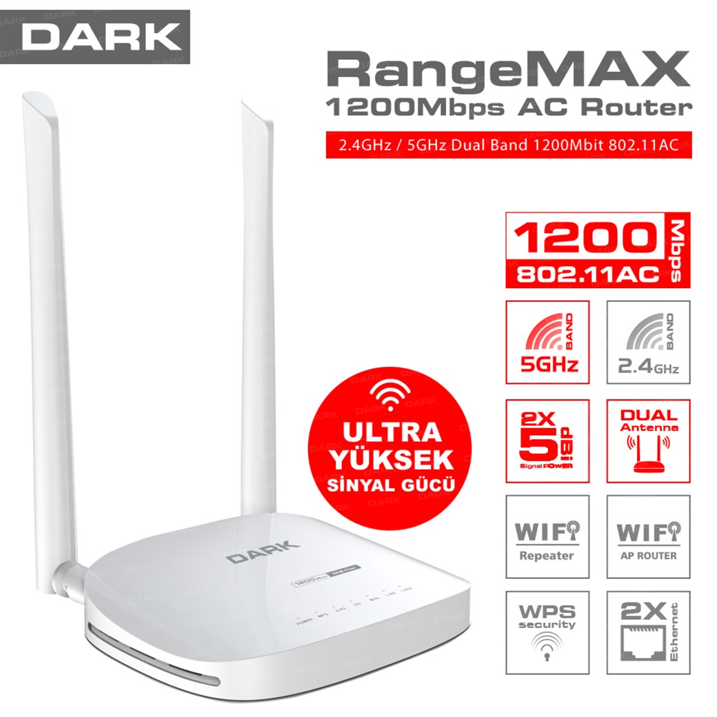 Dark RangeMAX 1200Mbit 802.11ac Çift Bant Kablosuz, 2x Antenli (Router)