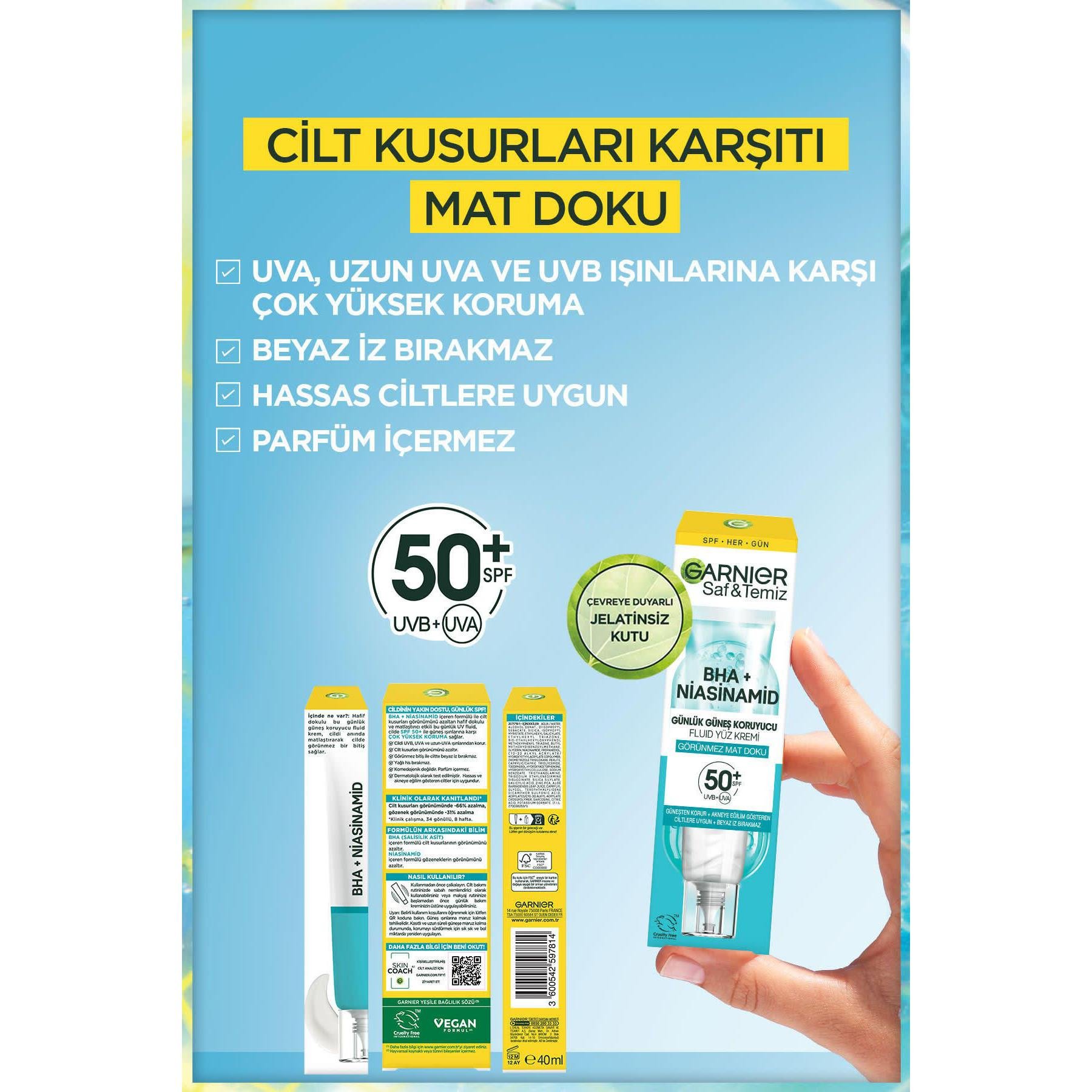Garnier - Garnier Saf ve Temiz Bha Niasinamid Günlük Güneş Koruyucu Fluid Yüz Kremi Spf50 40 Ml