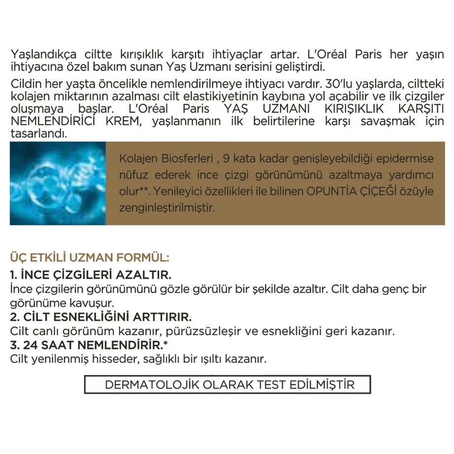 L'Oreal Paris Yaş Uzmanı Kırışıklık Karşıtı Nemlendirici Krem 30+ 50 Ml