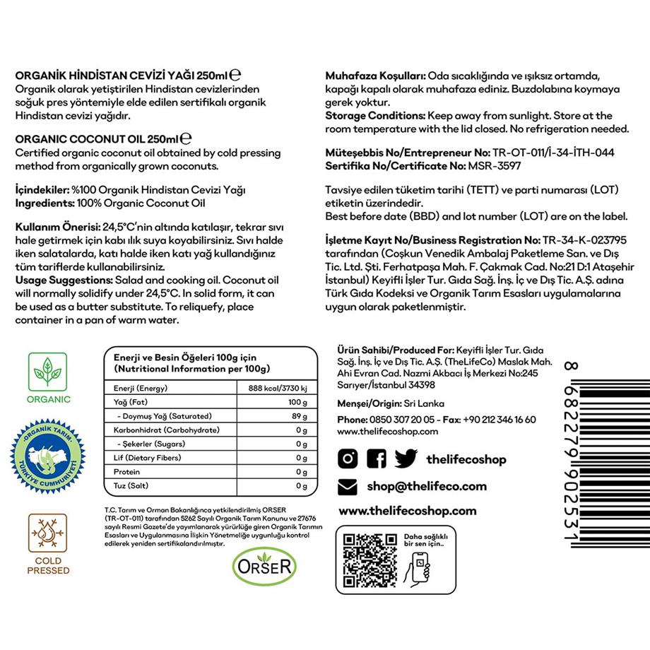 TheLifeCo - TheLifeCo Organik Hindistan Cevizi Yağı 250ml
