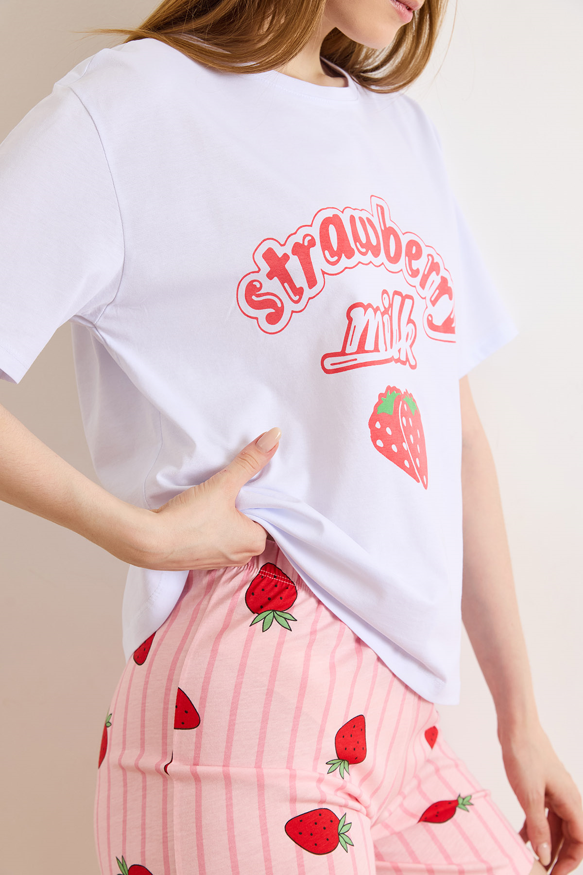 %100 Pamuk Şortlu Pijama Takım Çilek Beyaz Pembe