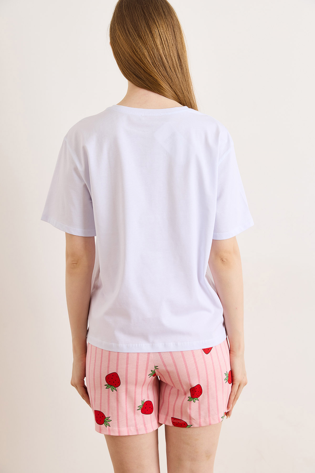 %100 Pamuk Şortlu Pijama Takım Çilek Beyaz Pembe