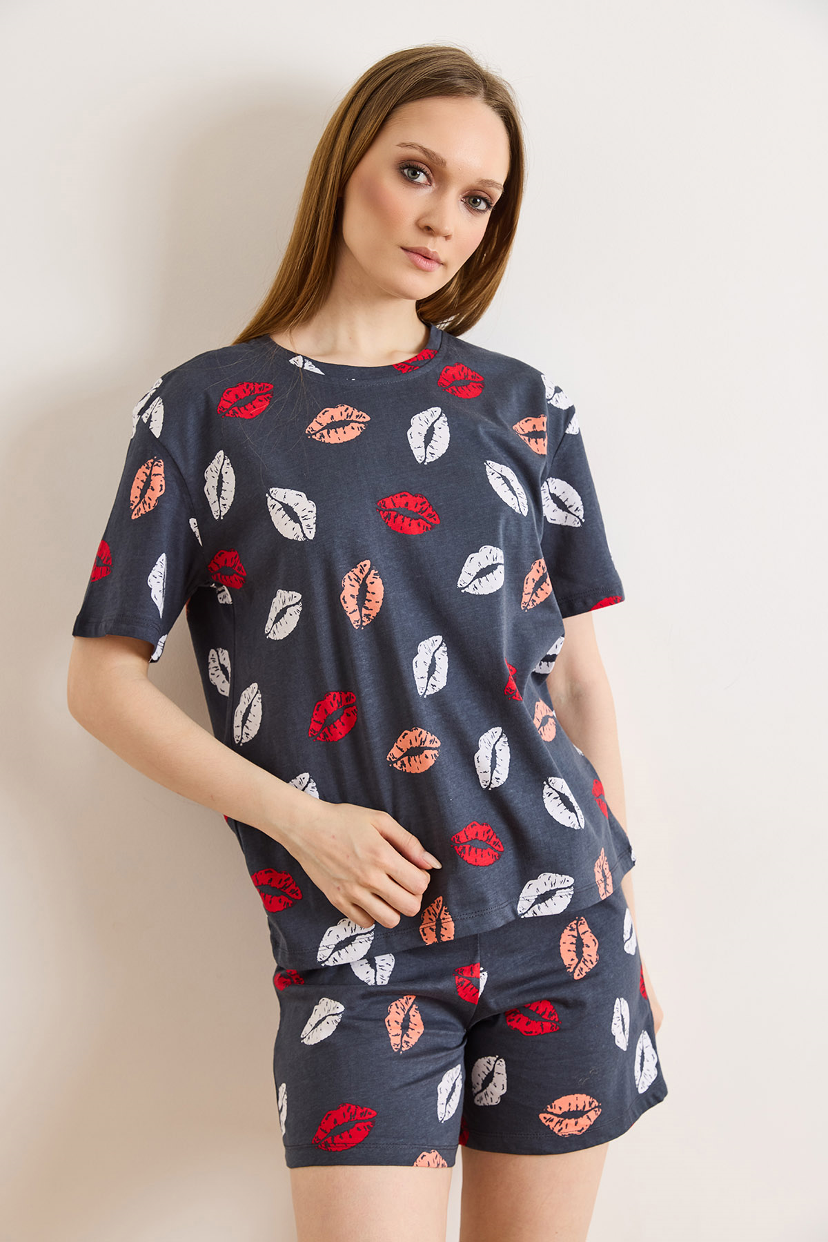 %100 Pamuk Şortlu Pijama Takım Dudak Antrasit