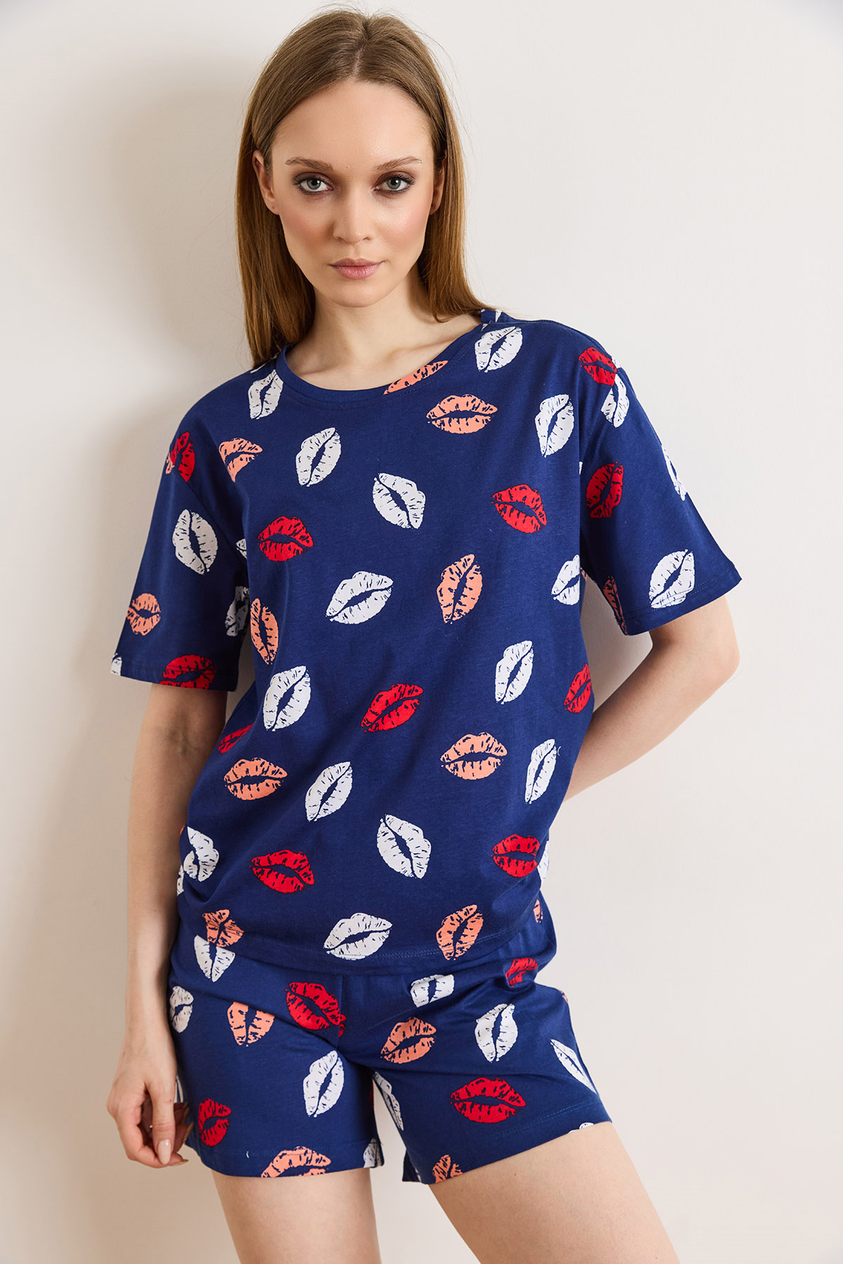 %100 Pamuk Şortlu Pijama Takım Dudak Lacivert
