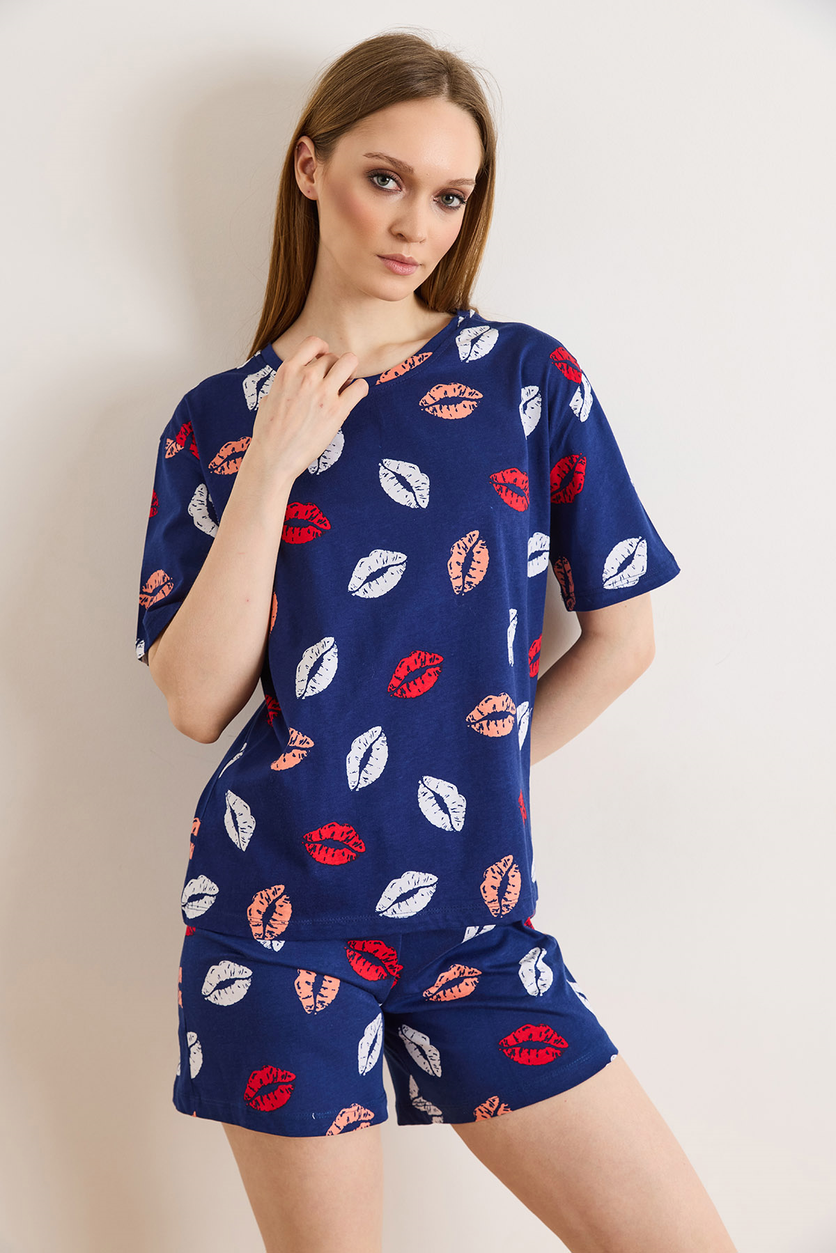 %100 Pamuk Şortlu Pijama Takım Dudak Lacivert