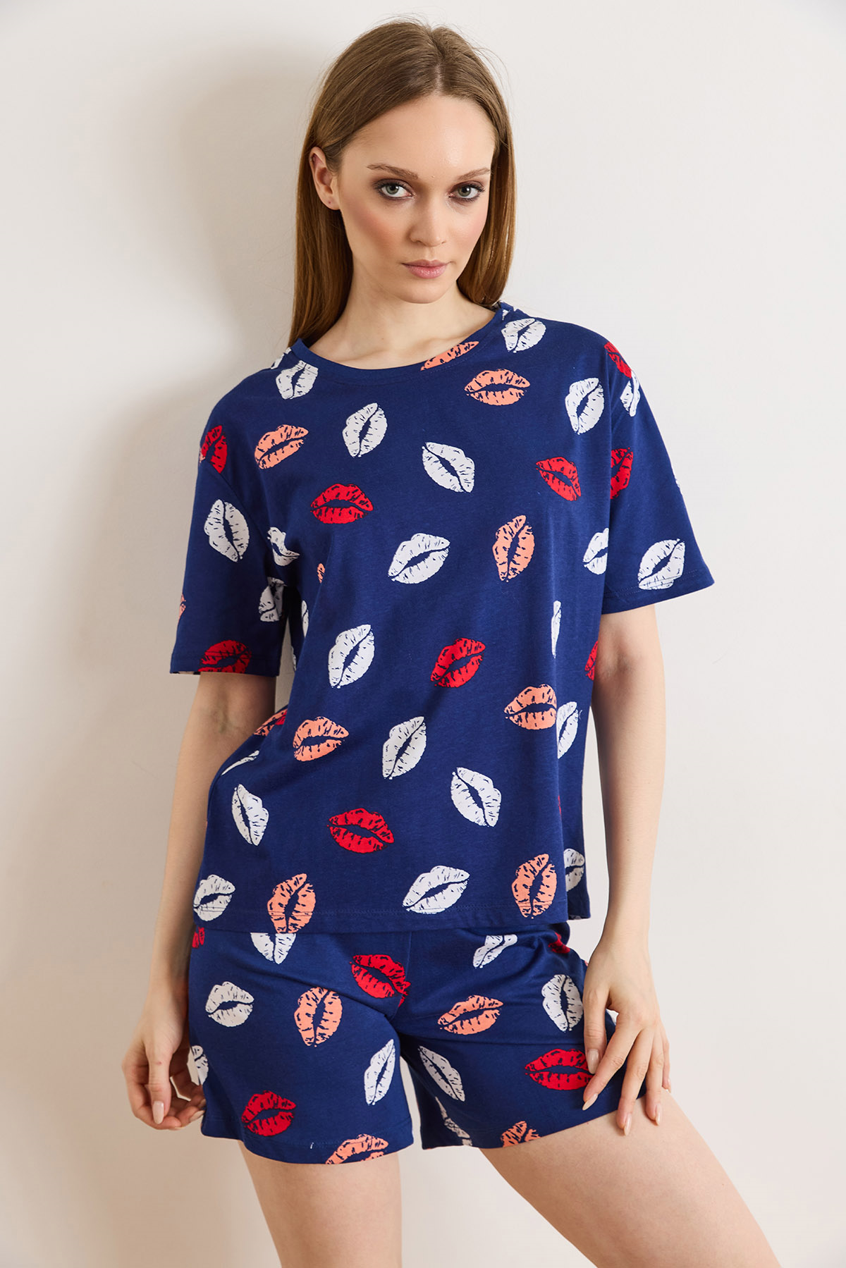 %100 Pamuk Şortlu Pijama Takım Dudak Lacivert