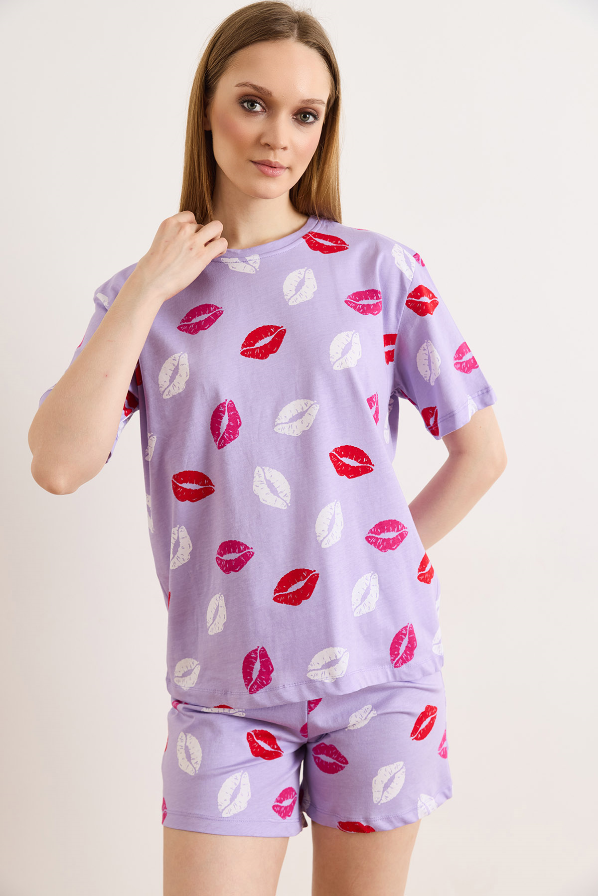 %100 Pamuk Şortlu Pijama Takım Dudak Lila