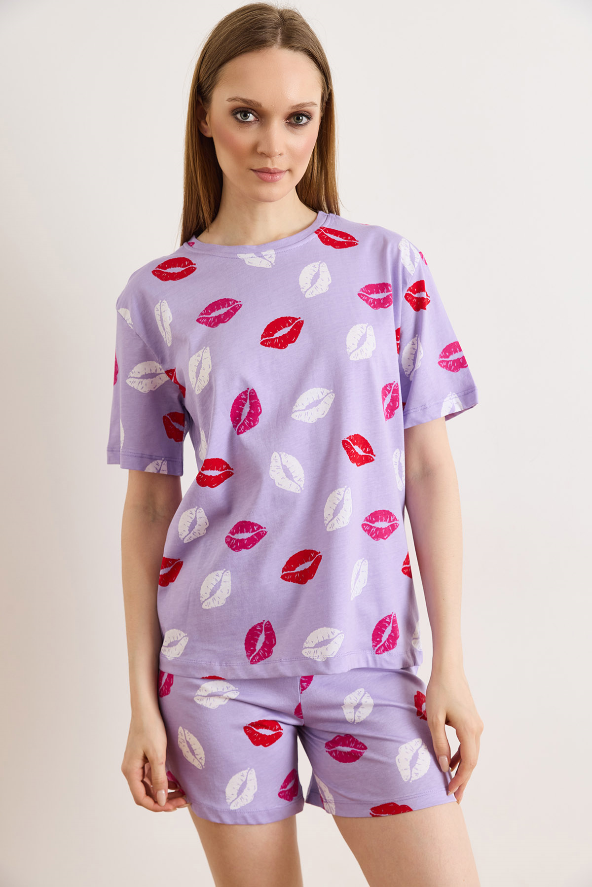 %100 Pamuk Şortlu Pijama Takım Dudak Lila