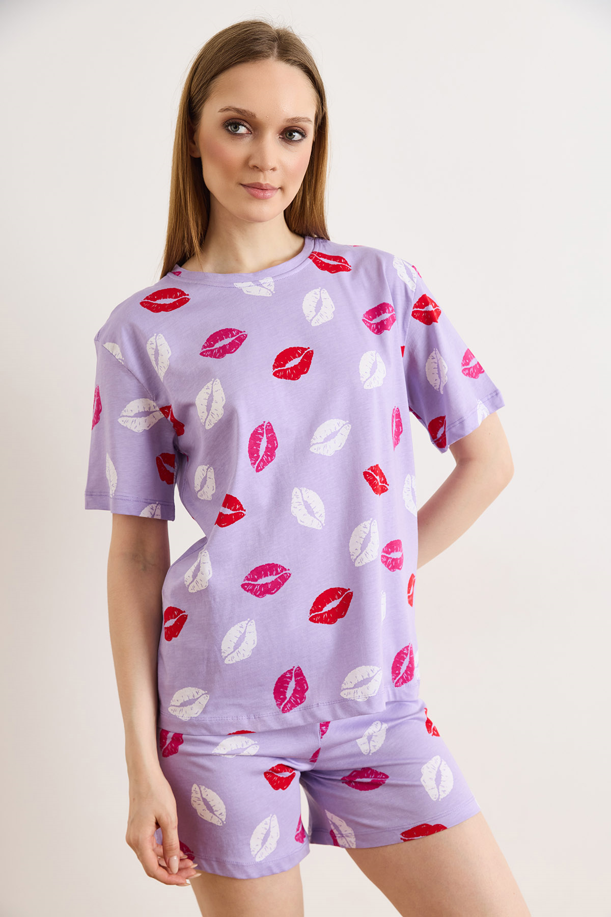 %100 Pamuk Şortlu Pijama Takım Dudak Lila