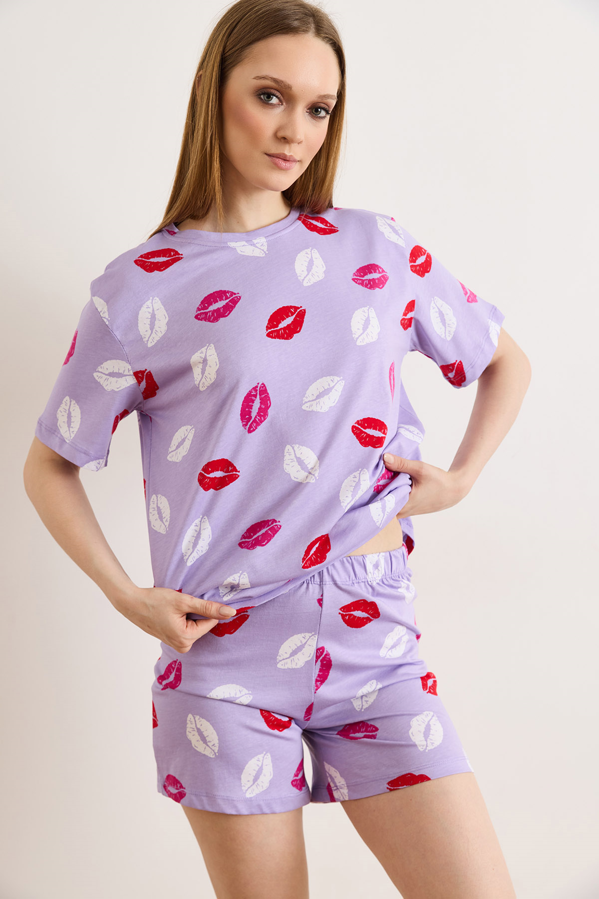%100 Pamuk Şortlu Pijama Takım Dudak Lila