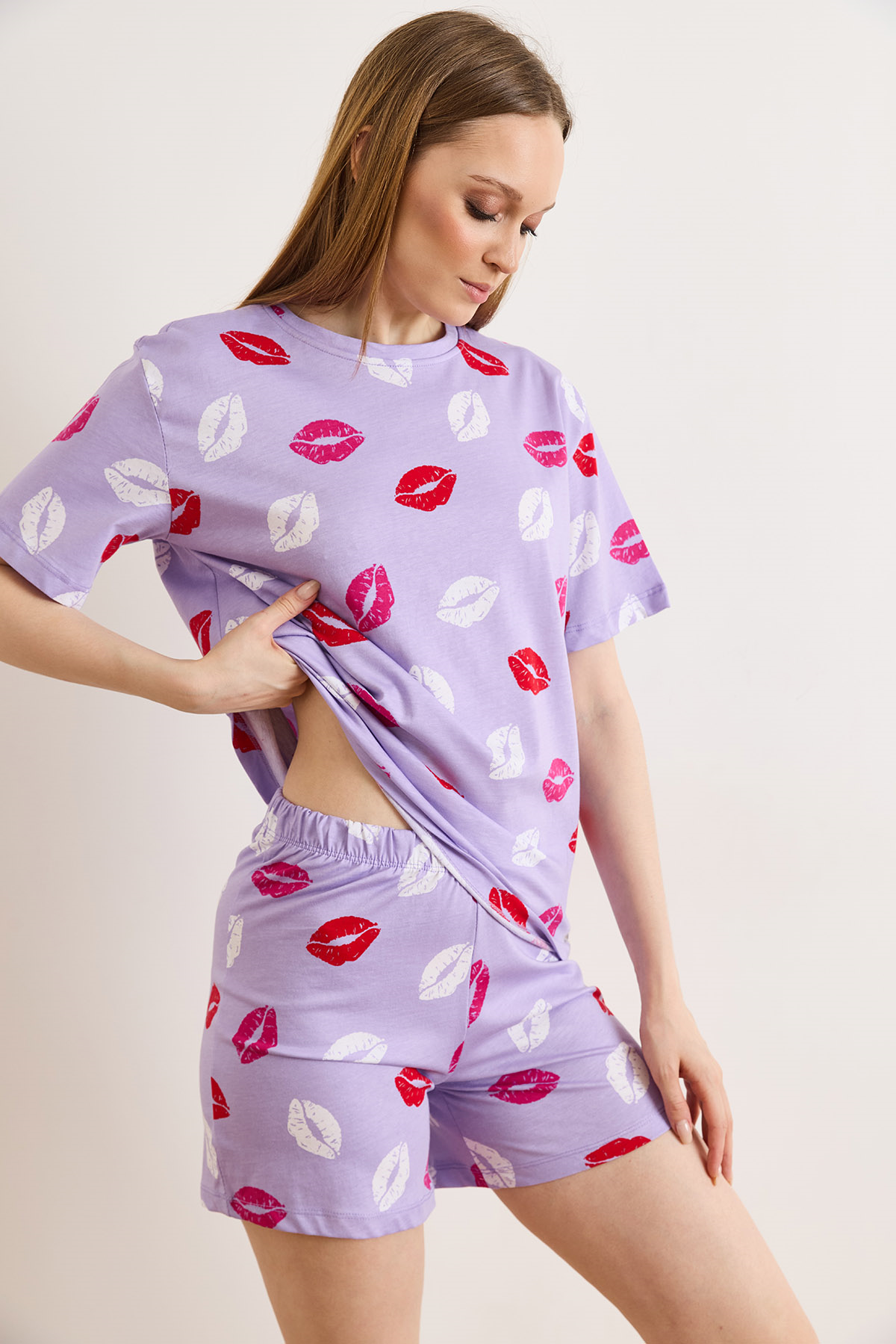 %100 Pamuk Şortlu Pijama Takım Dudak Lila