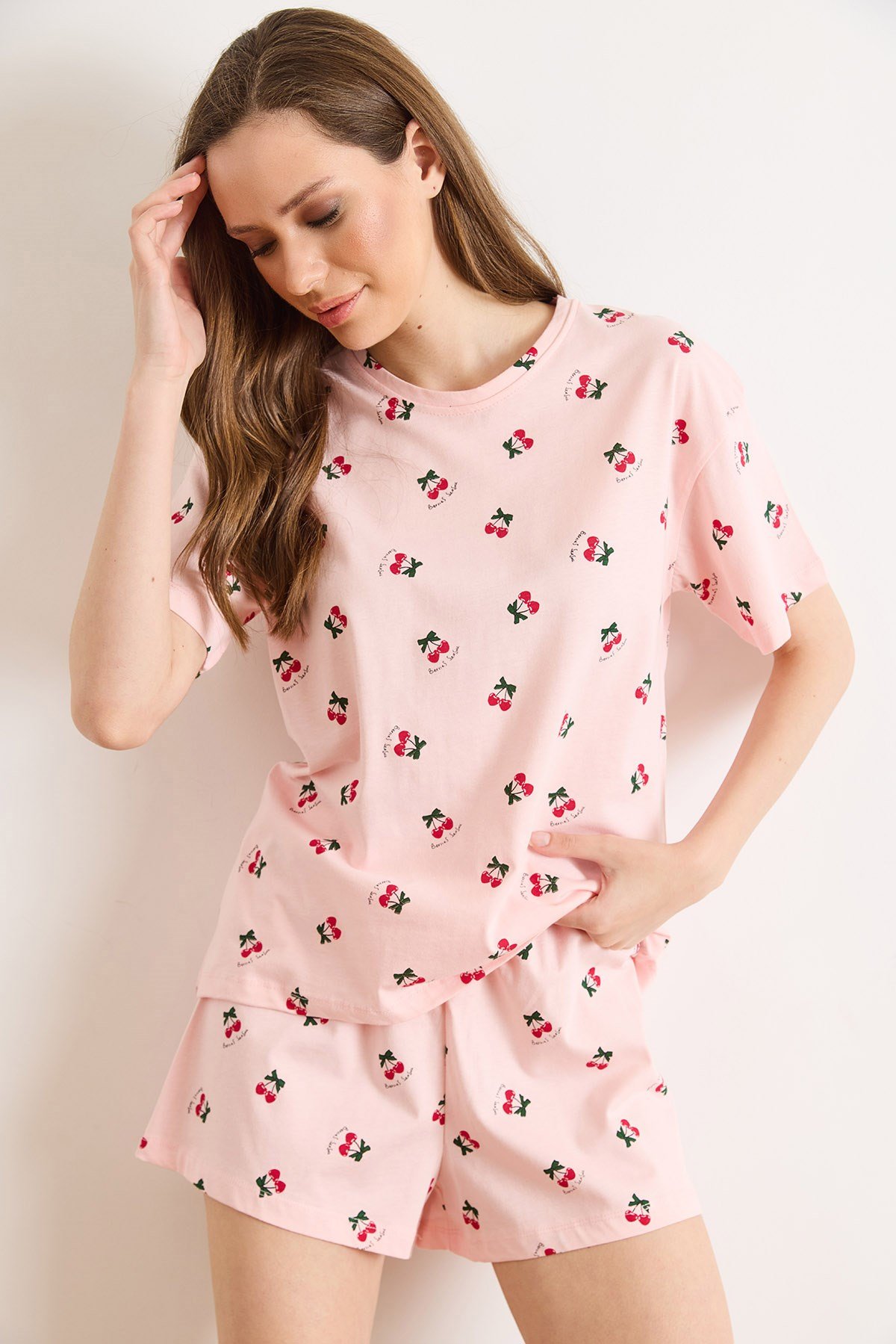 %100 Pamuk Şortlu Pijama Takım Kiraz Pembe