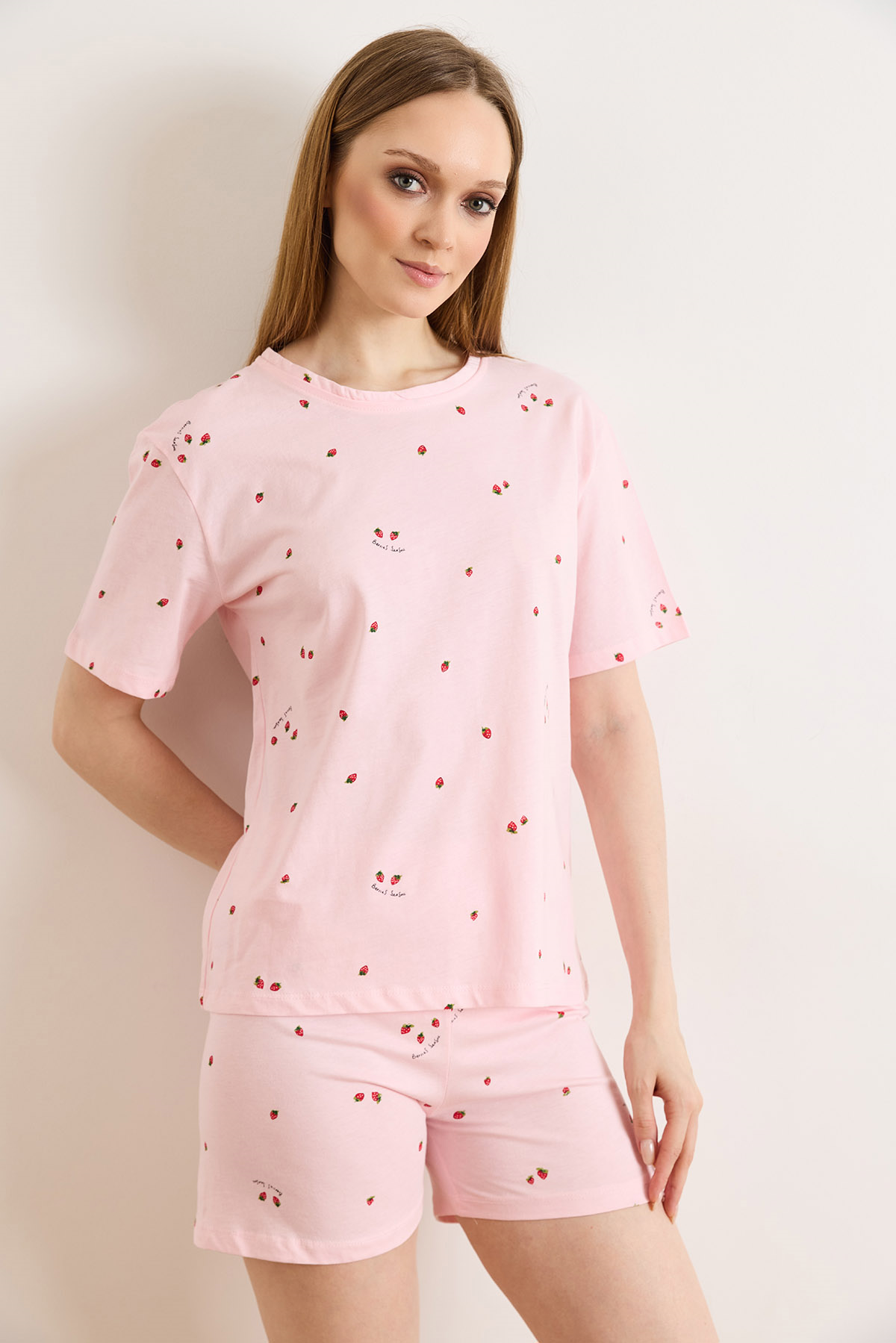 %100 Pamuk Şortlu Pijama Takım Minik Çilek Pembe