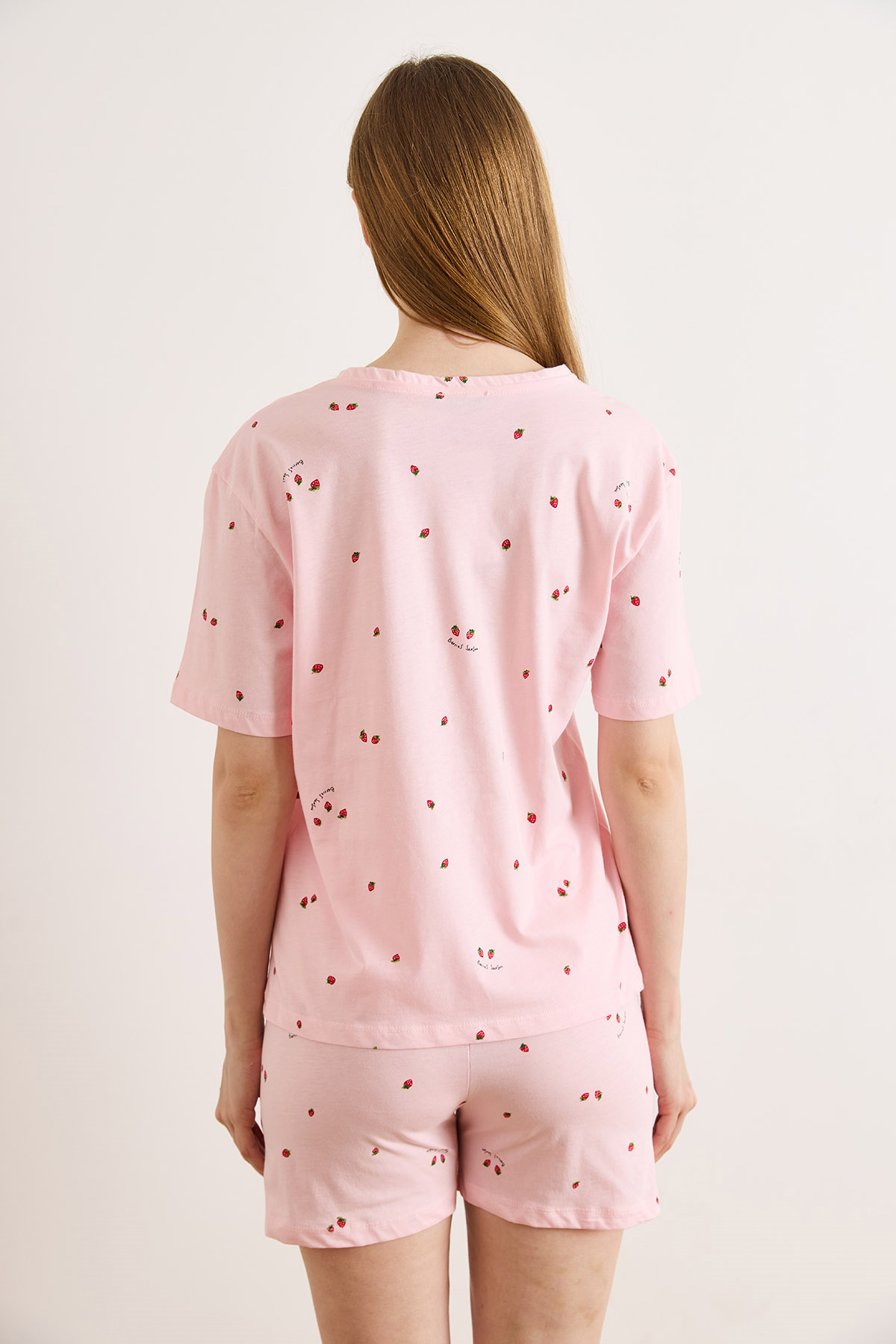 %100 Pamuk Şortlu Pijama Takım Minik Çilek Pembe