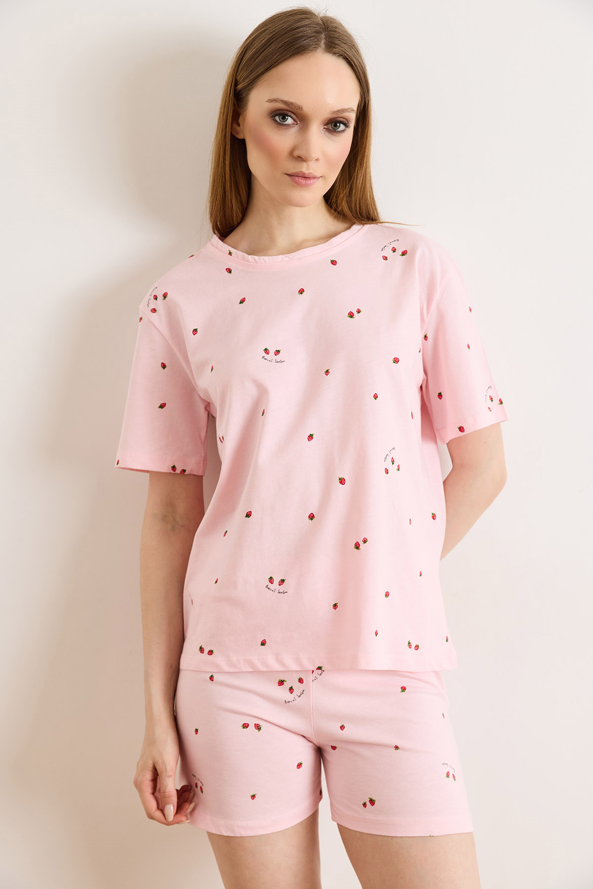 %100 Pamuk Şortlu Pijama Takım Minik Çilek Pembe