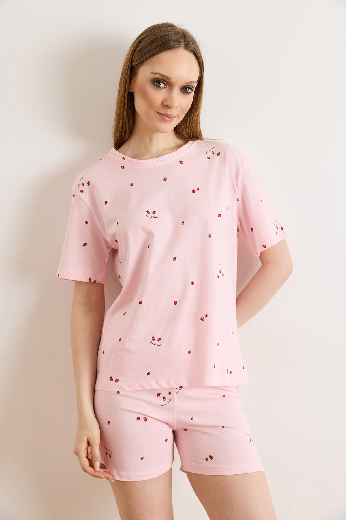 %100 Pamuk Şortlu Pijama Takım Minik Çilek Pembe