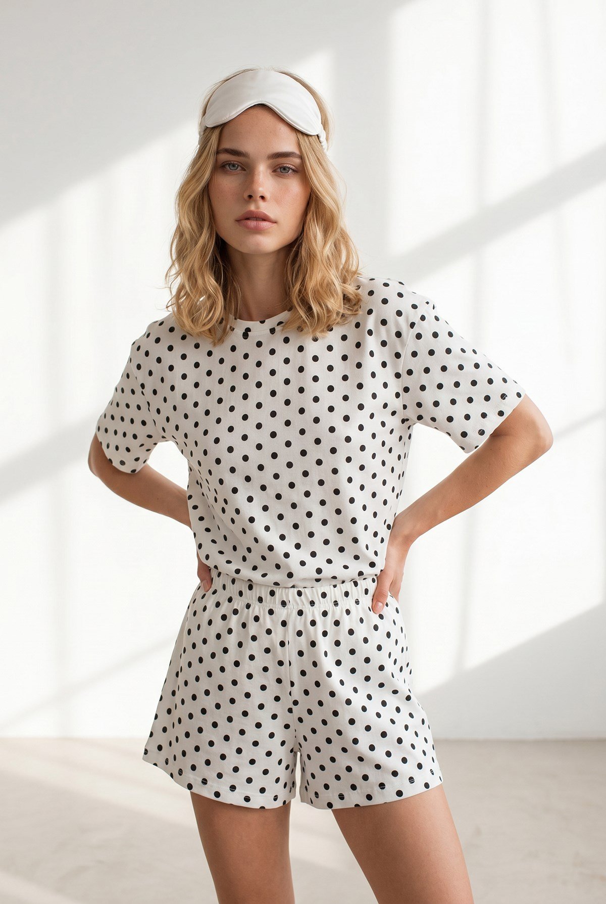 %100 Pamuk Şortlu Pijama Takım Puantiye Beyaz