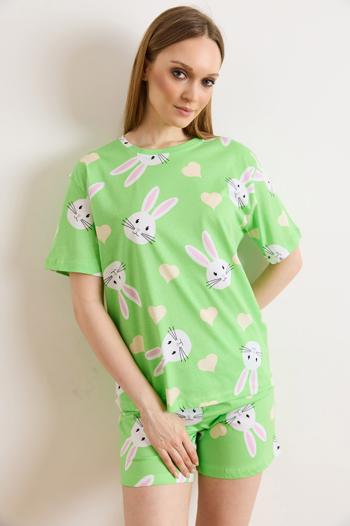 %100 Pamuk Şortlu Pijama Takım Tavşan Fıstık Yeşili
