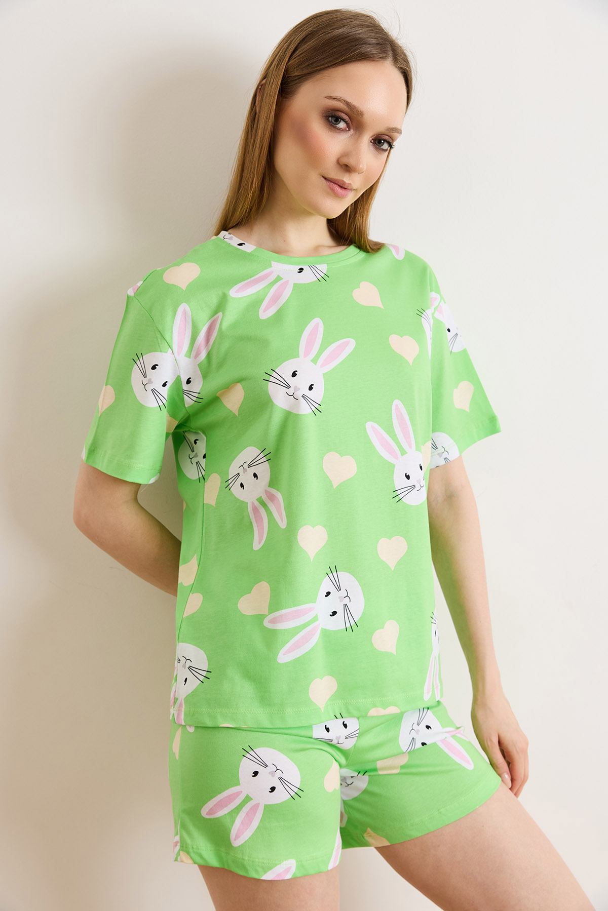 %100 Pamuk Şortlu Pijama Takım Tavşan Fıstık Yeşili