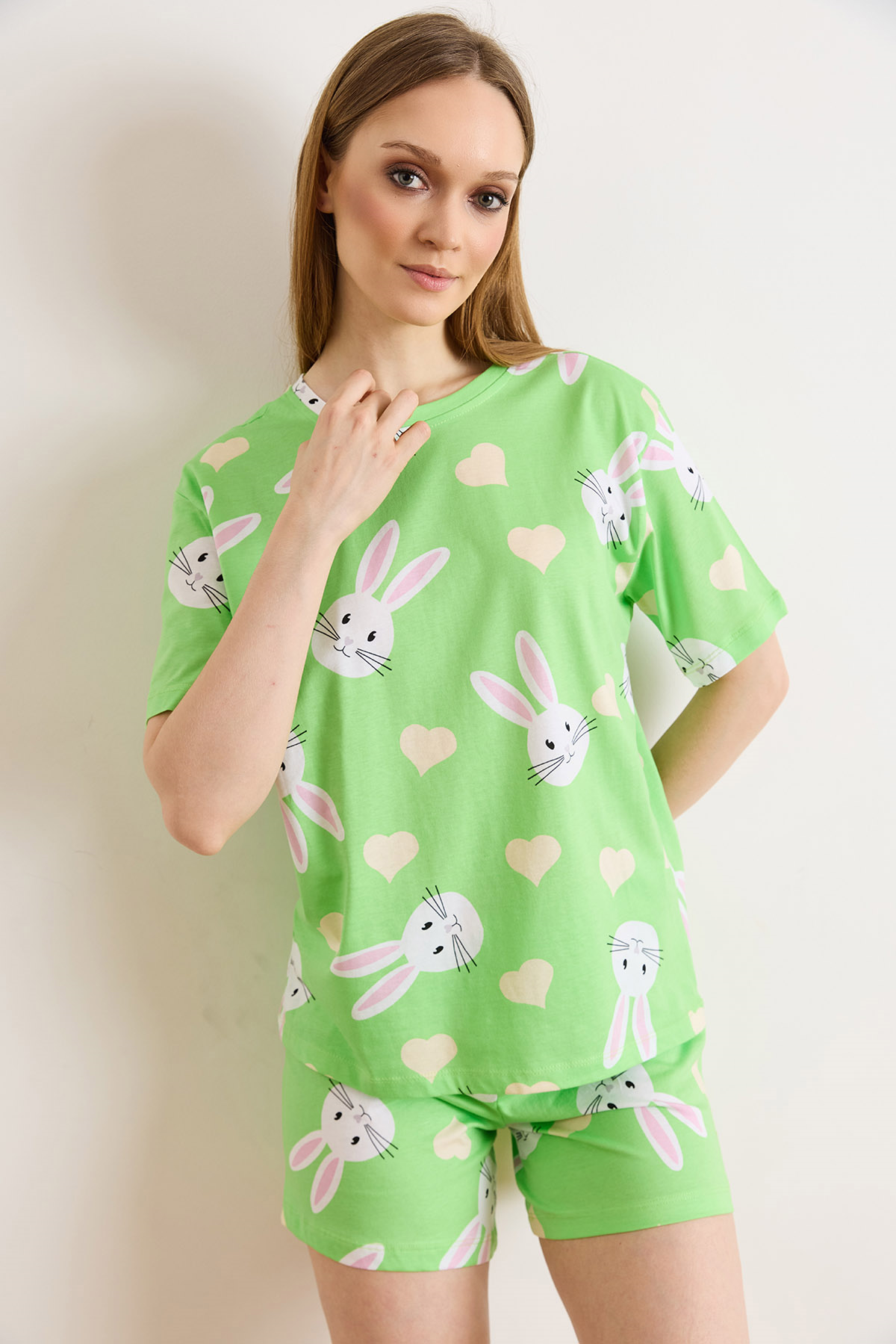 %100 Pamuk Şortlu Pijama Takım Tavşan Fıstık Yeşili