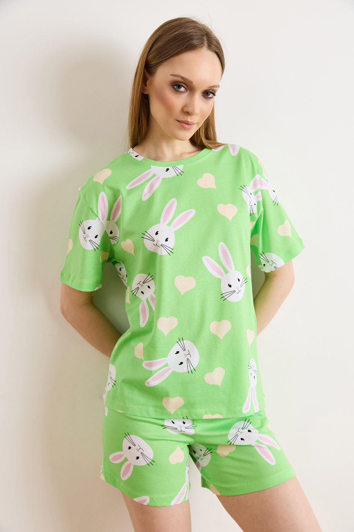 %100 Pamuk Şortlu Pijama Takım Tavşan Fıstık Yeşili