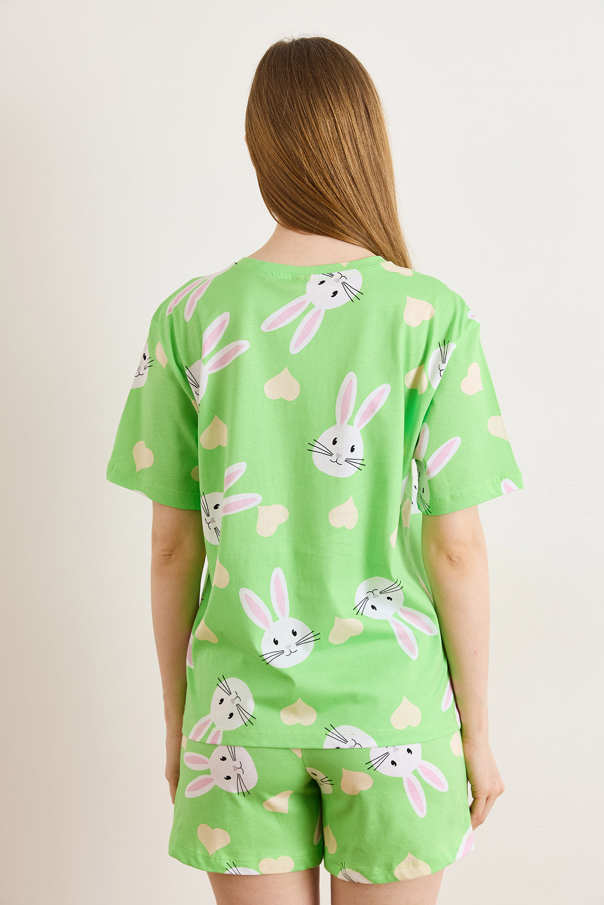 %100 Pamuk Şortlu Pijama Takım Tavşan Fıstık Yeşili