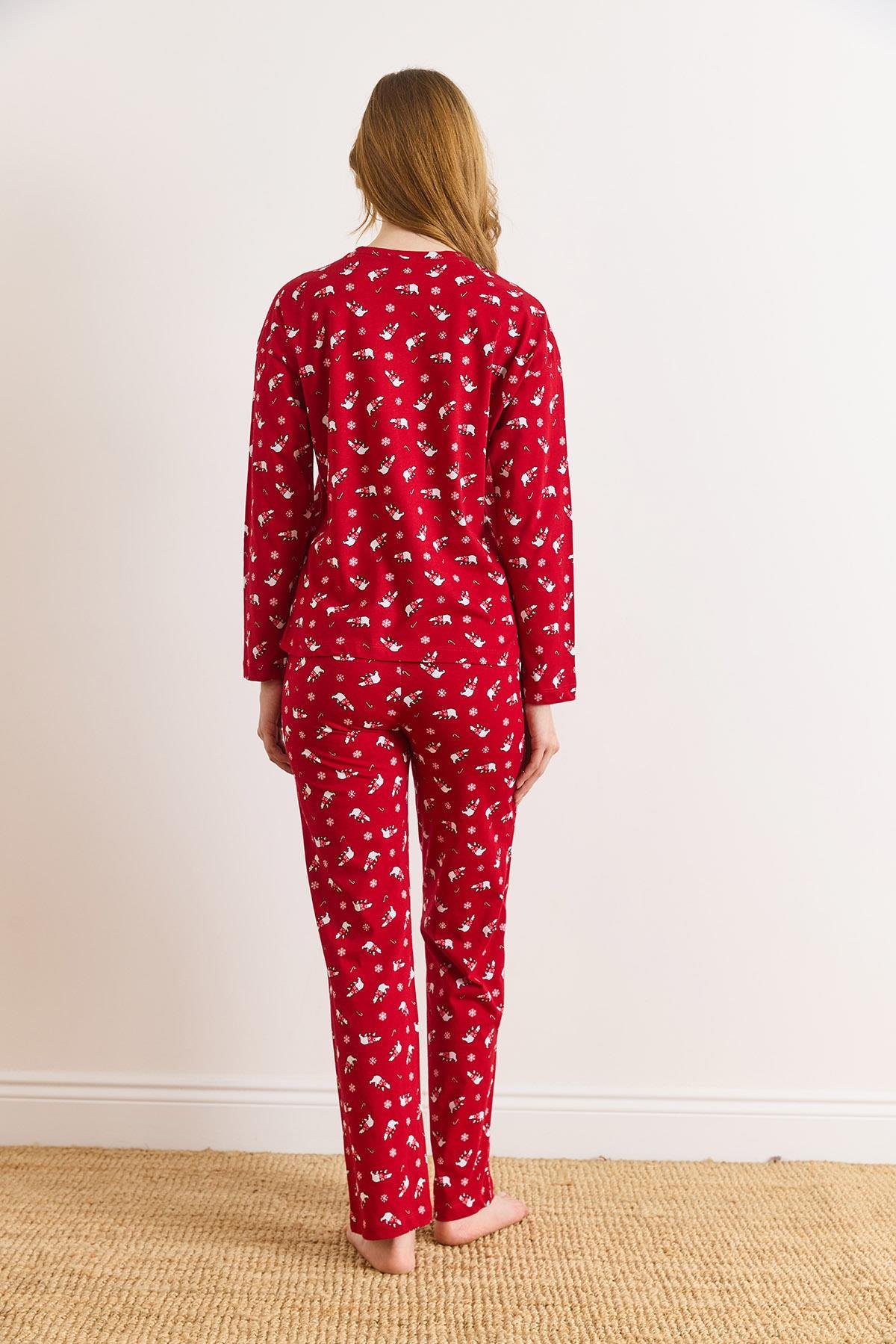 %100 Pamuk Uzun Kollu Pijama Takımı Kırmızı Yılbaşı