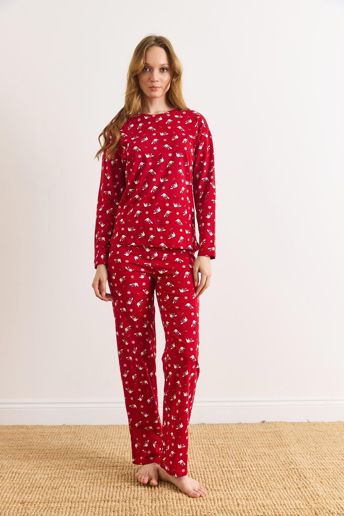 %100 Pamuk Uzun Kollu Pijama Takımı Kırmızı Yılbaşı
