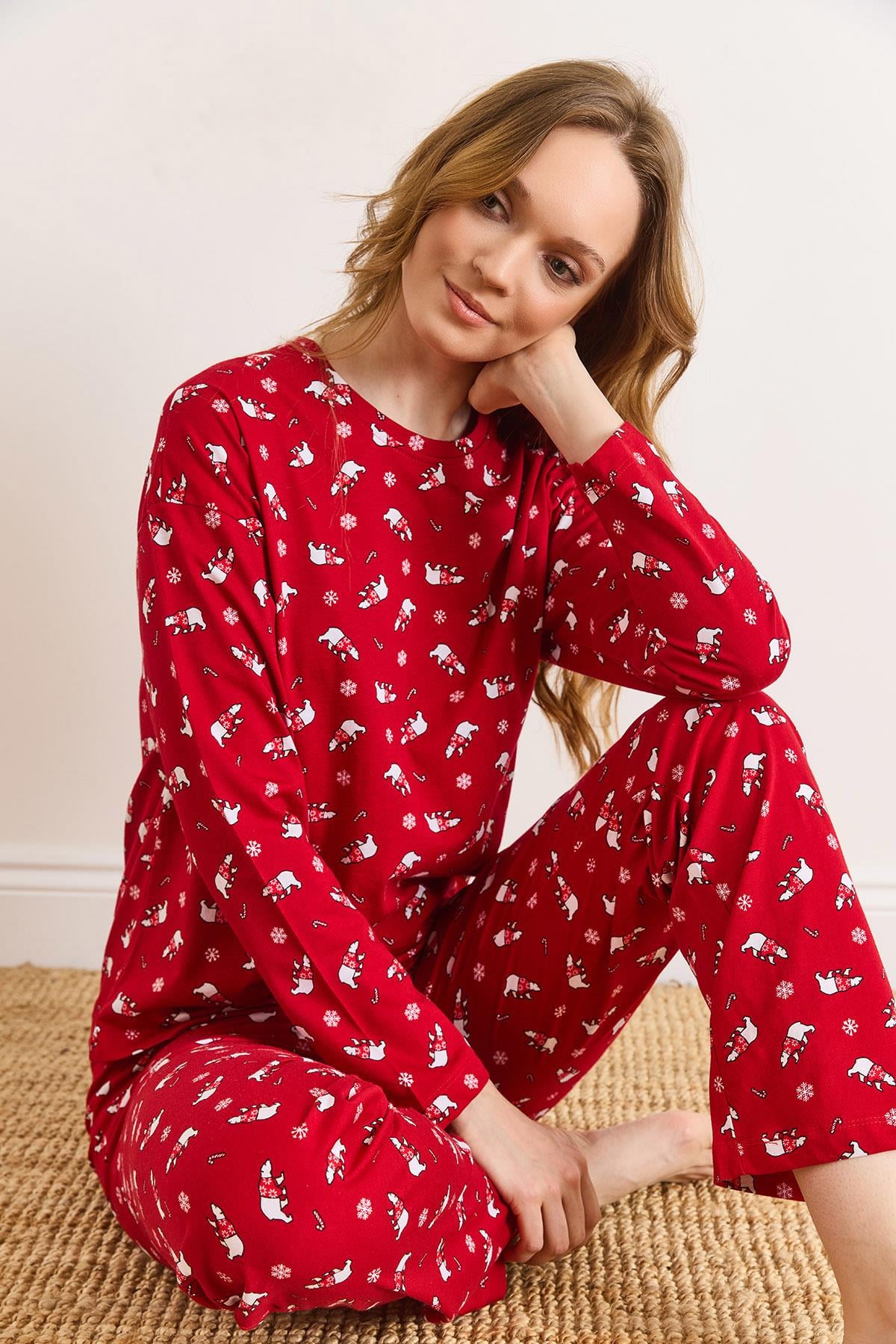 %100 Pamuk Uzun Kollu Pijama Takımı Kırmızı Yılbaşı