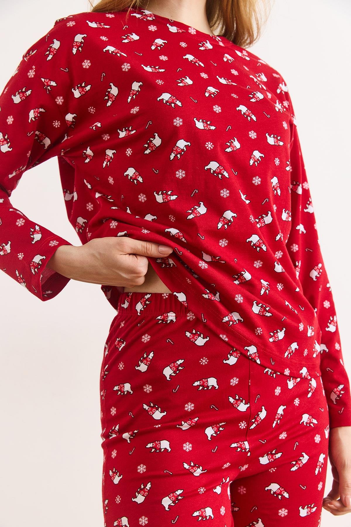 %100 Pamuk Uzun Kollu Pijama Takımı Kırmızı Yılbaşı