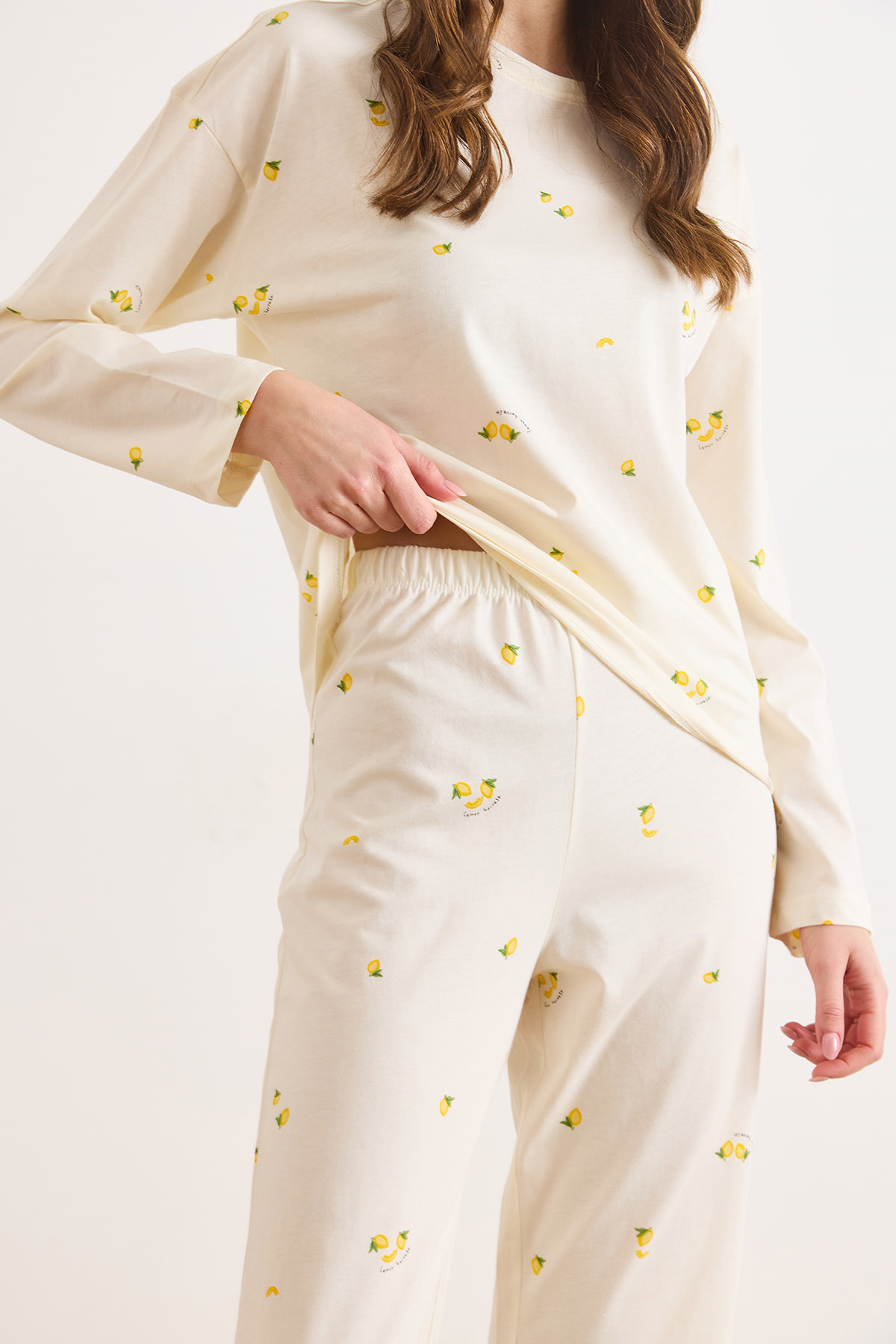 %100 Pamuk Uzun Kollu Pijama Takımı Limon Sarı