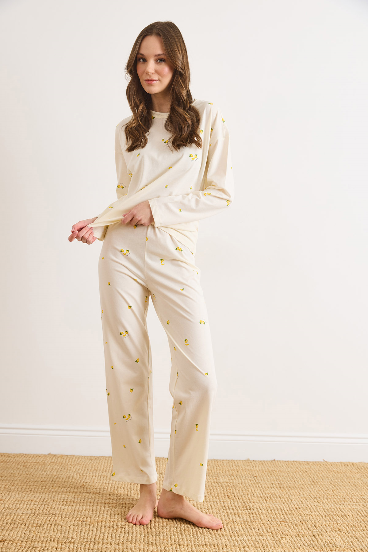 %100 Pamuk Uzun Kollu Pijama Takımı Limon Sarı