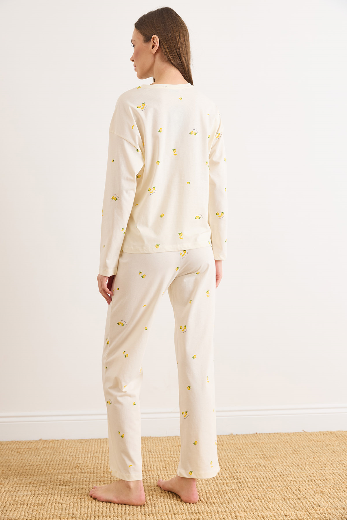 %100 Pamuk Uzun Kollu Pijama Takımı Limon Sarı